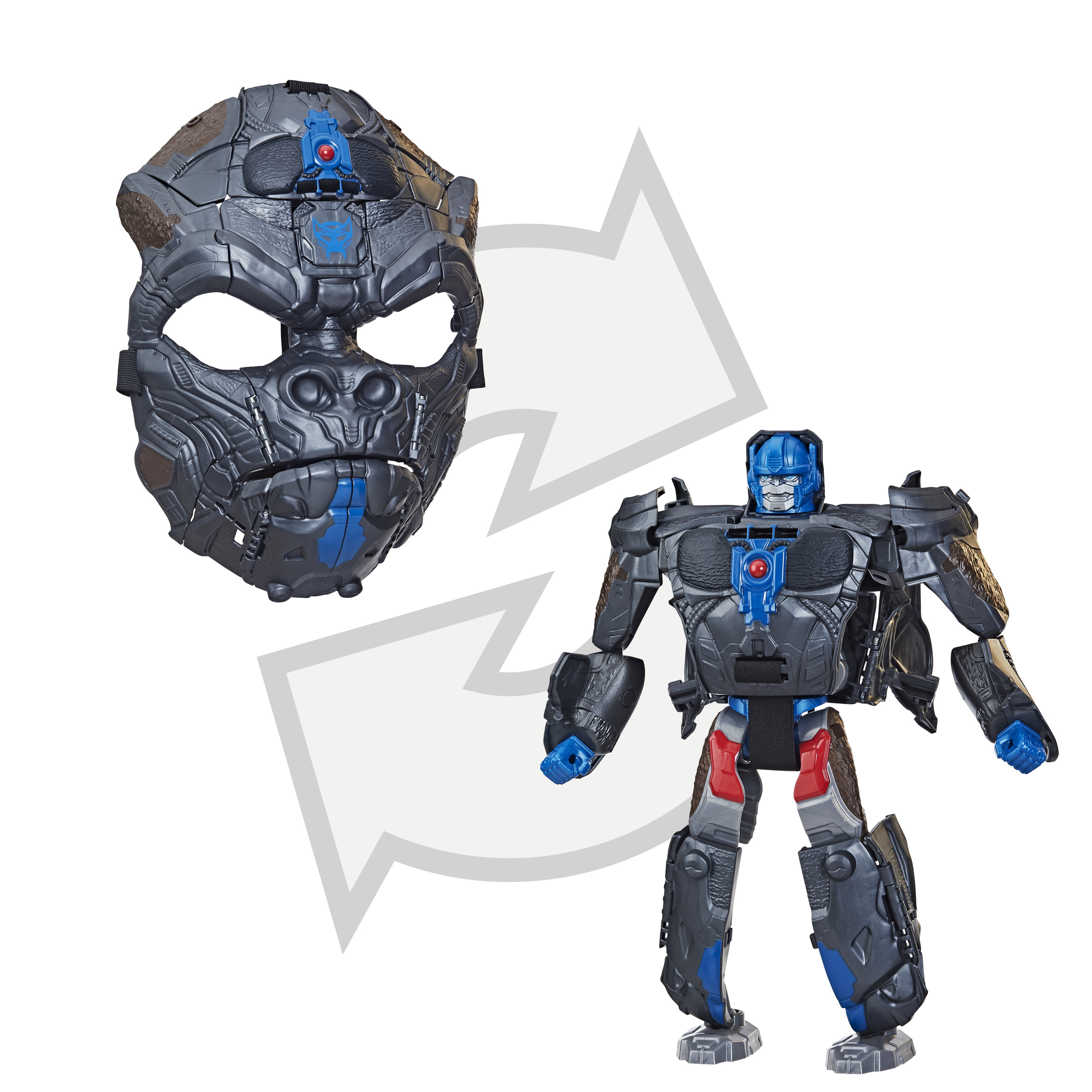 Un juguete Transformer con máscara de gorila y forma de robot. Es gris, azul y rojo sobre fondo blanco.