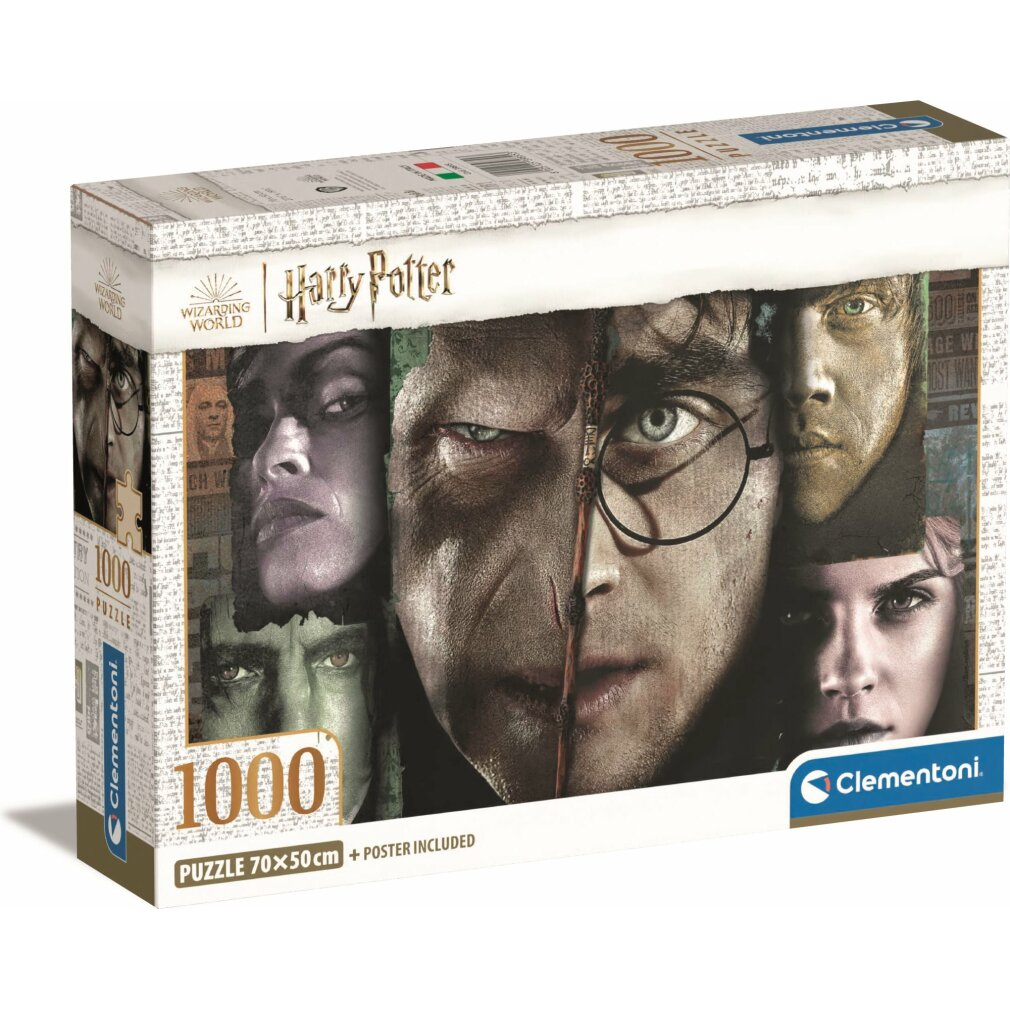 Scatola di puzzle di Harry Potter. Sono mostrati i volti dei personaggi. La scatola dice '1000 puzzle' e 'Clementoni'.