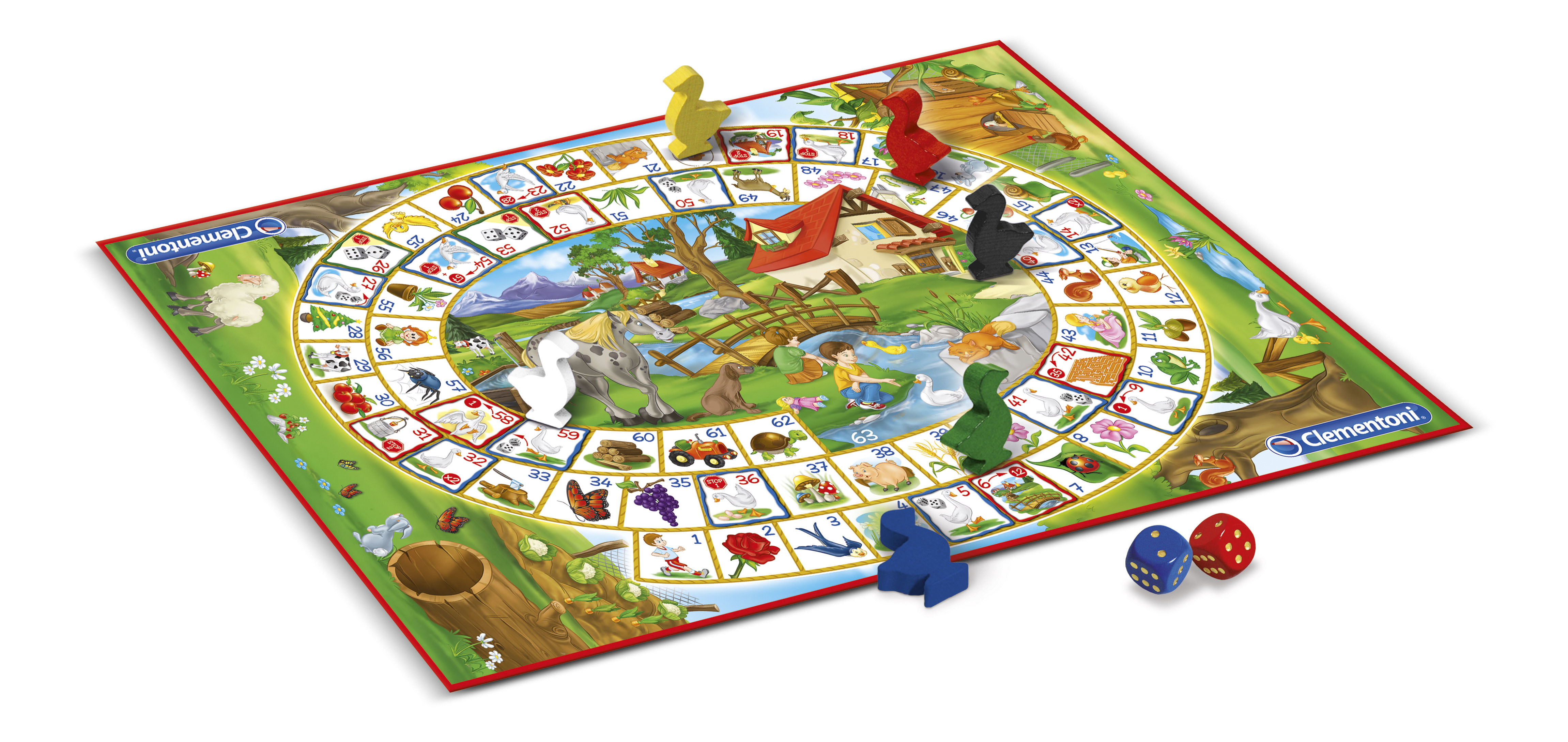 Gra planszowa o tematyce farmy z kostkami, pionkami i ilustracjami zwierząt, roślin i domu.