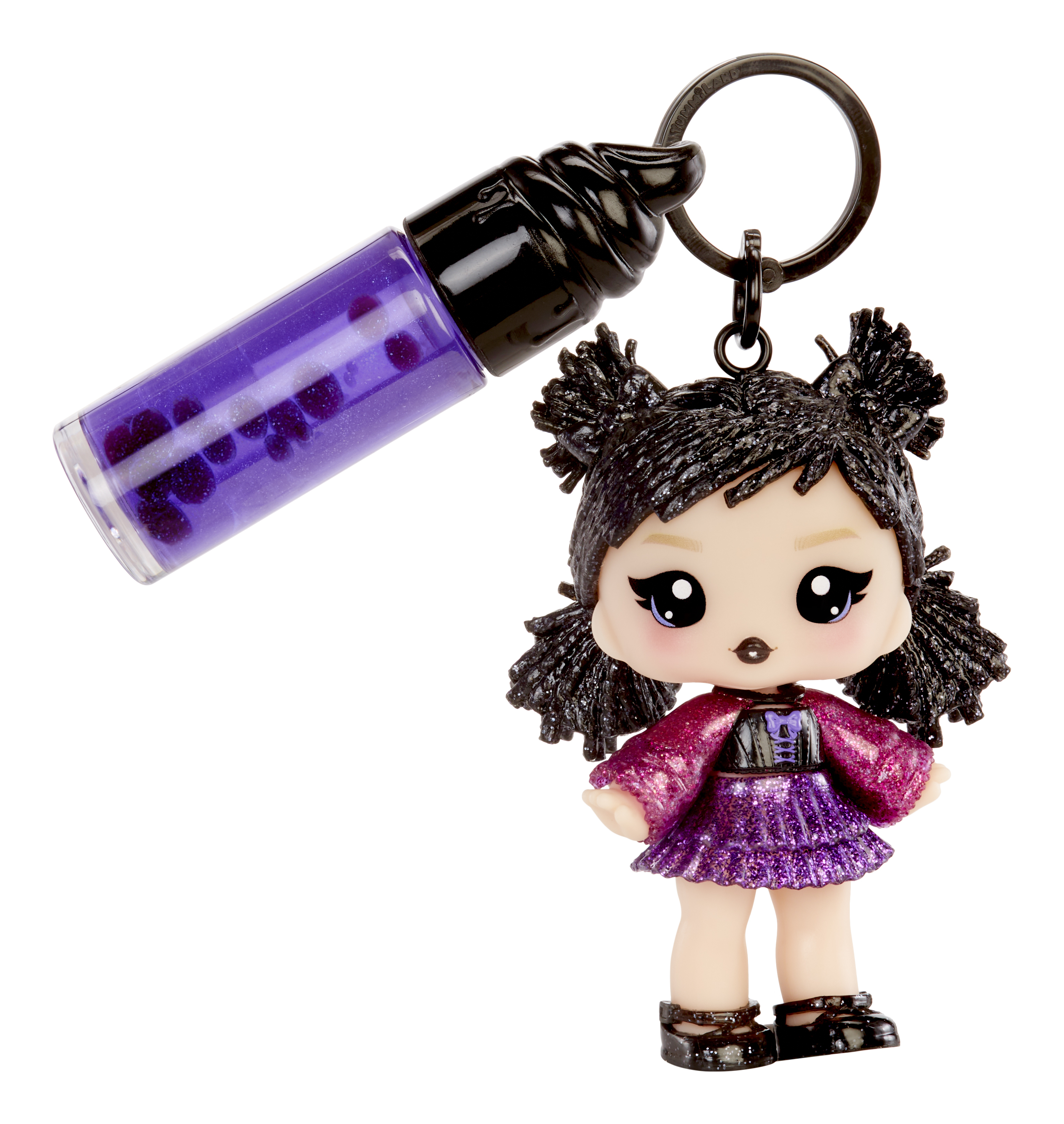 Eine Puppe mit schwarzen Haaren und lila Kleid, neben einer lila Flüssigkeitsflasche.