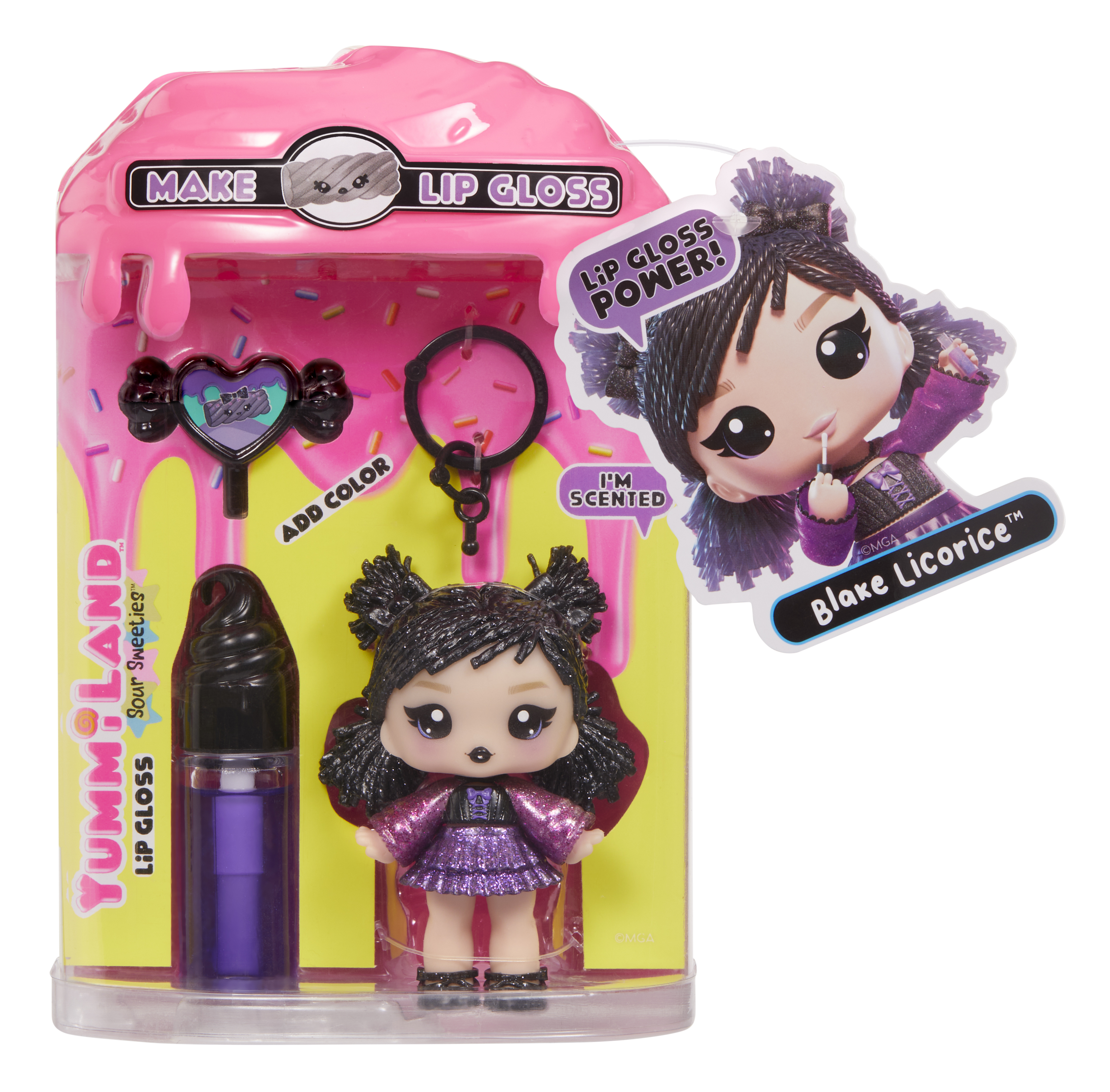 Ein Spielzeugset mit einer Puppe, Lipgloss und Zubehör, verpackt in Rosa und Gelb mit Text.