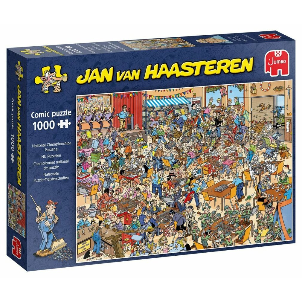 Pudełko z puzzlami ze zdjęciem z kreskówki przedstawiającym zatłoczony pokój z ludźmi. Na pudełku napis 'Jan van Haasteren Comic puzzle 1000+'.