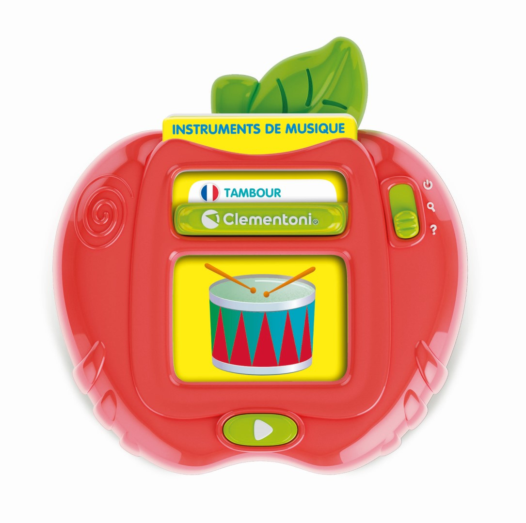 Giocattolo rosso a forma di mela con immagine di batteria sullo schermo, pulsanti, foglia verde e testo.