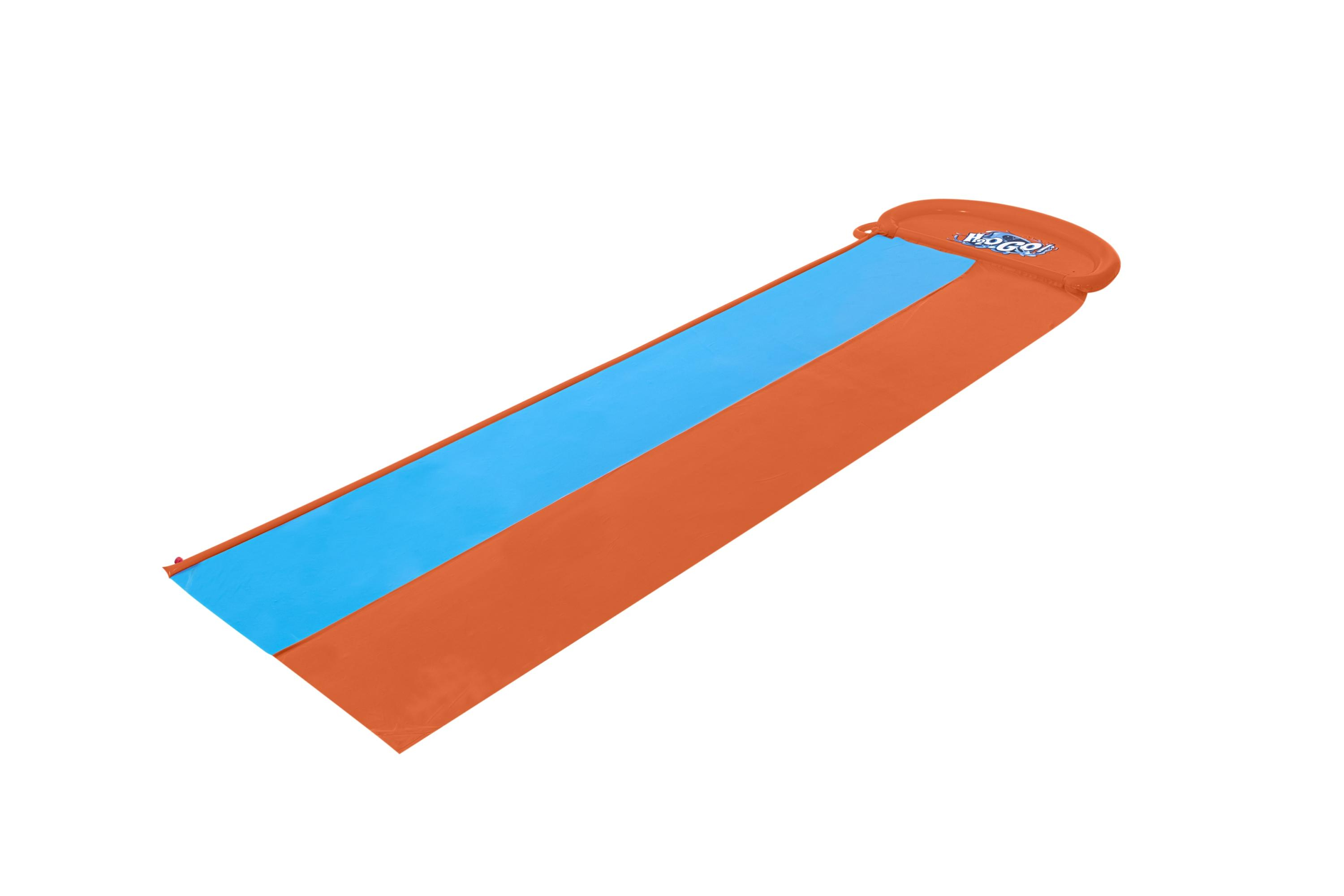 Pomarańczowa i niebieska zjeżdżalnia wodna na białym tle.