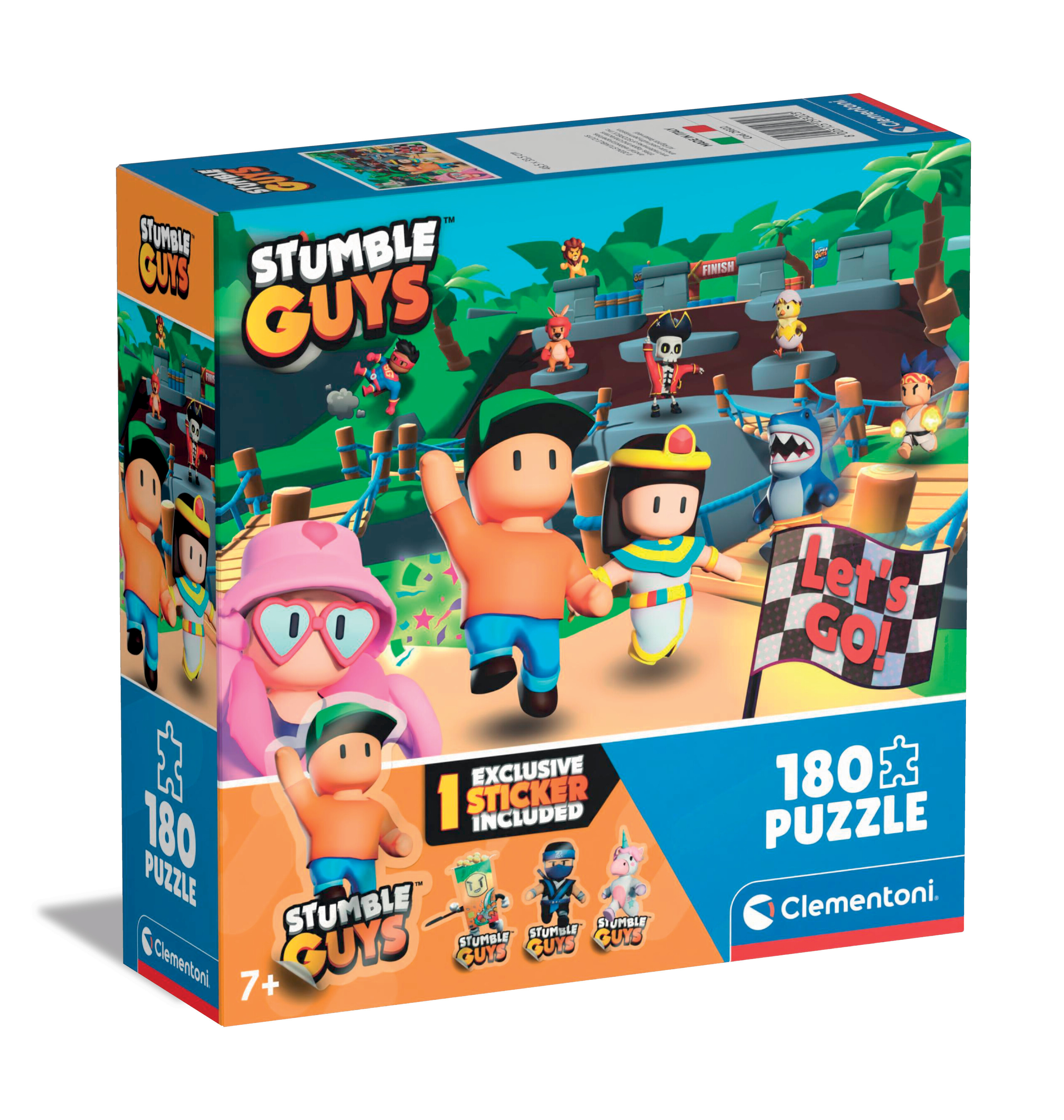 Puzzledose zeigt Zeichentrickfiguren, die einen Parcours absolvieren. Sie hat das Stumble Guys-Logo und '180 Puzzle' vorne.