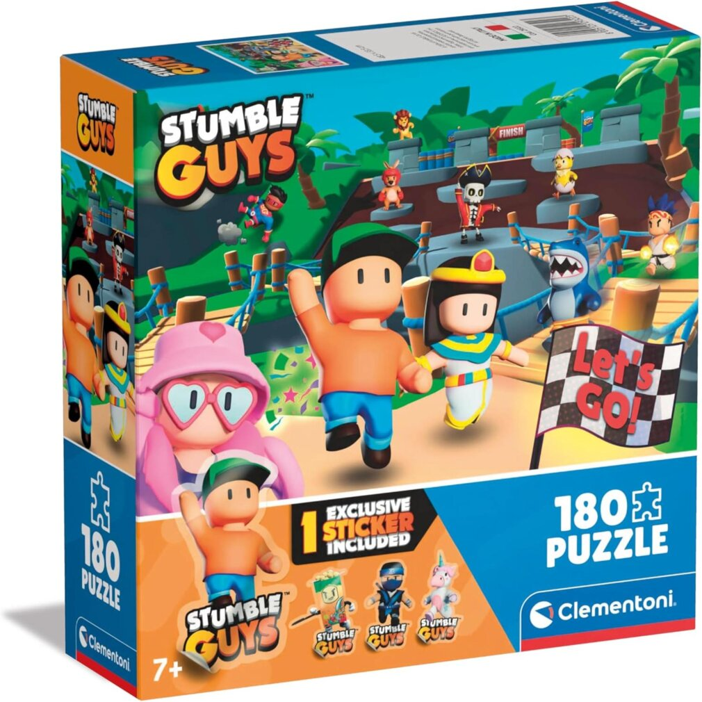 Eine Stumble Guys Puzzlebox. Figuren laufen ein Rennen. Die Box enthält einen Aufkleber. Das Puzzle hat 180 Teile.