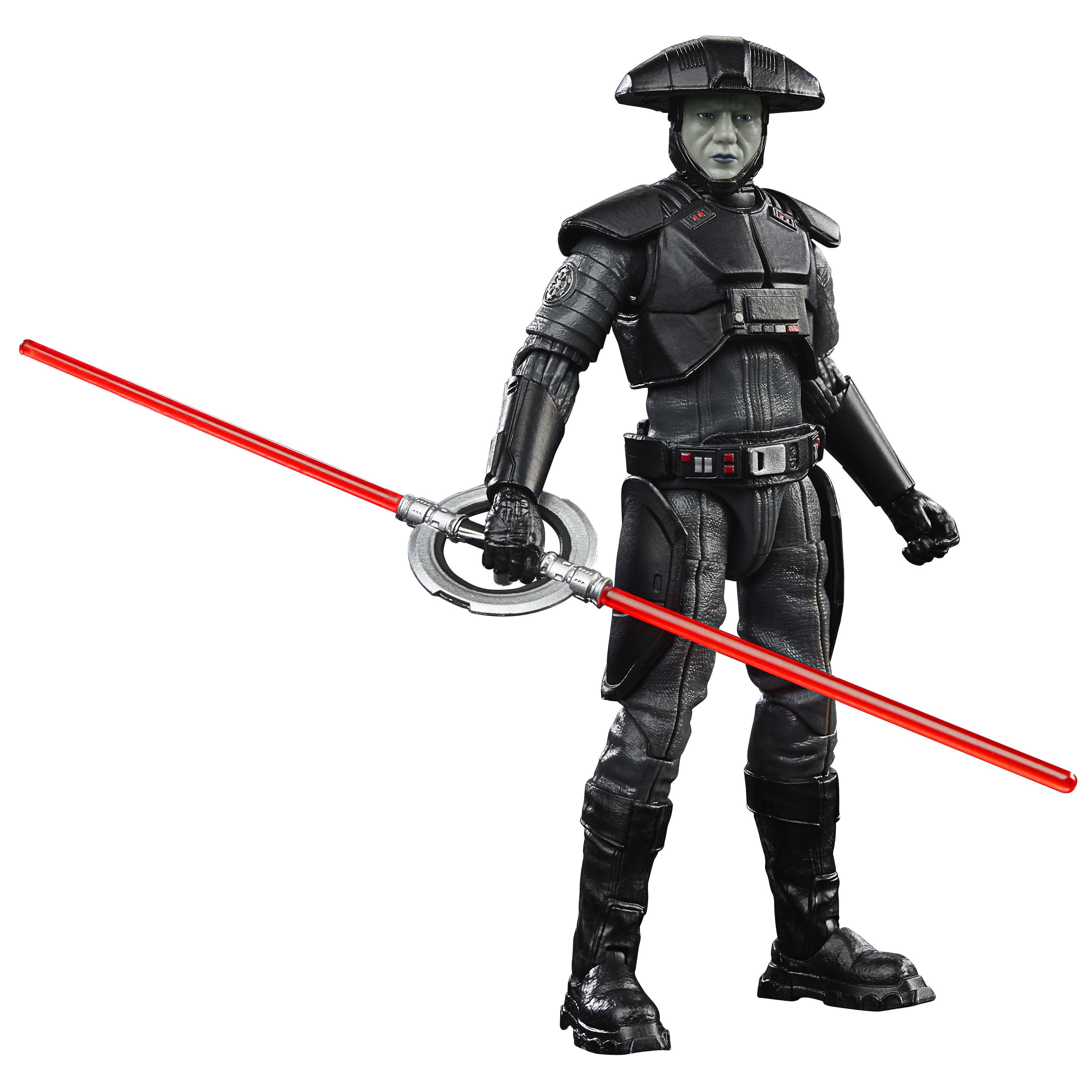 Una figura di Star Wars in costume nero, con una spada laser rossa. Lo sfondo è bianco.