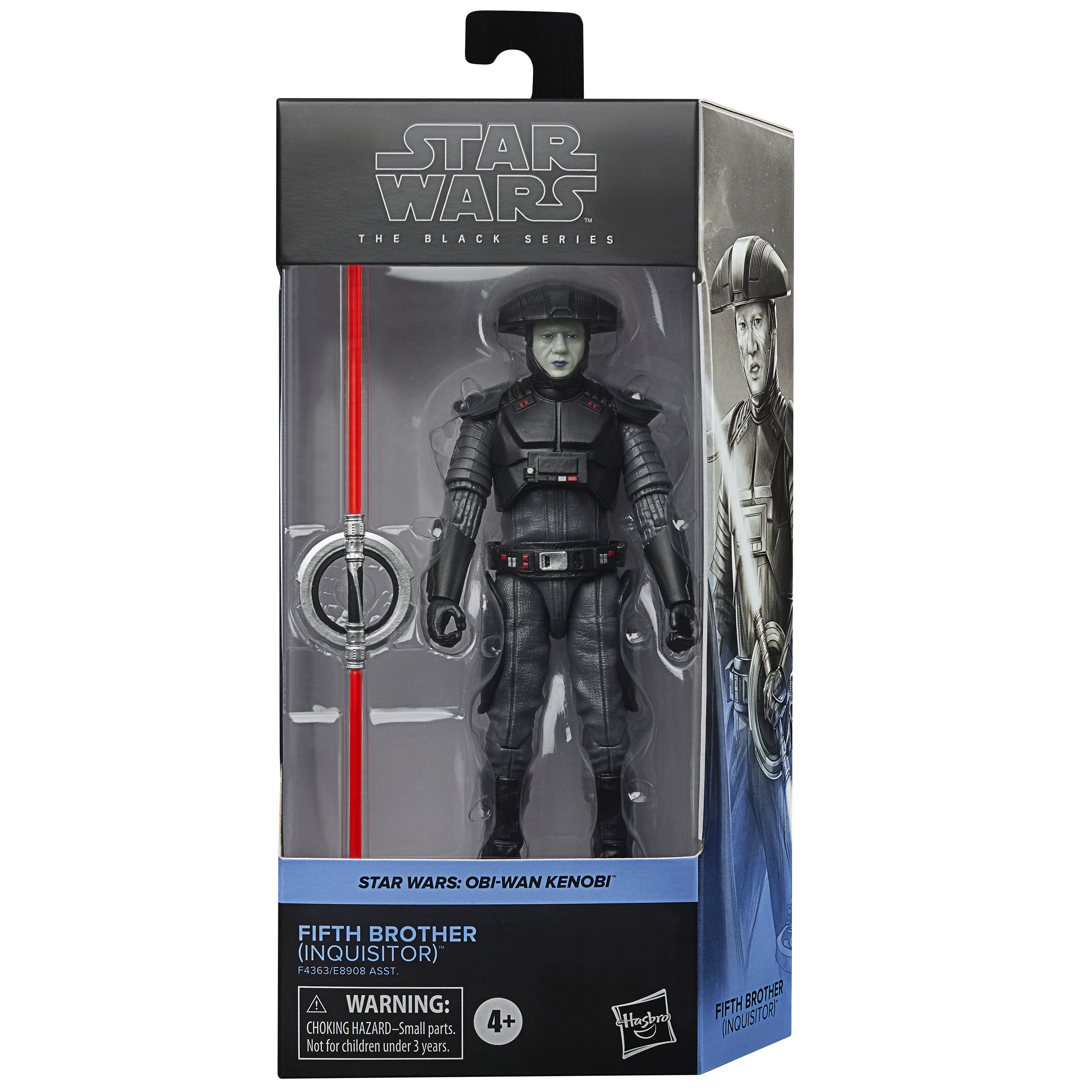 Action figure di Quinto Fratello di Star Wars, in una scatola nera. La figura indossa un'armatura nera e tiene una spada laser rossa.