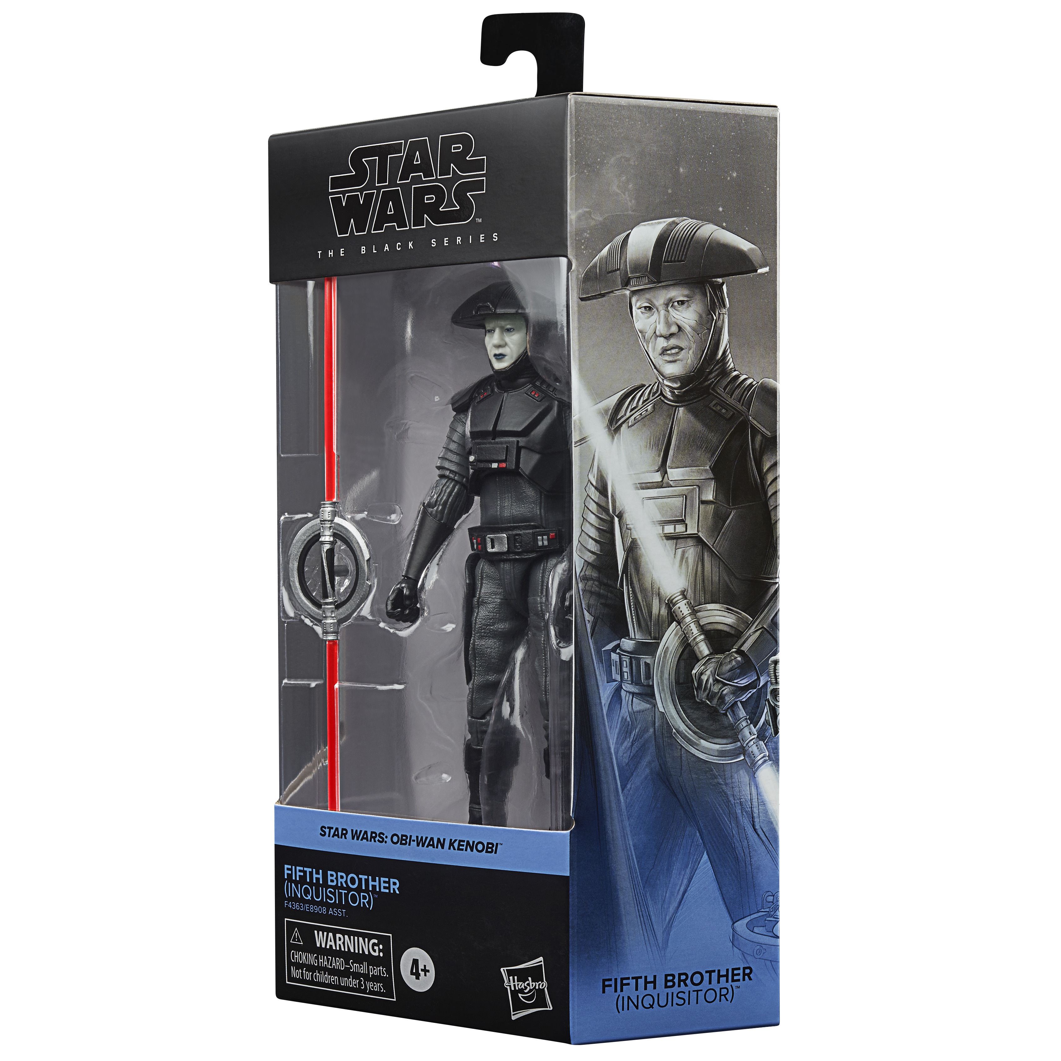 Una figura di Star Wars di Fifth Brother in una scatola. Ha una spada laser rossa e un disegno del personaggio.