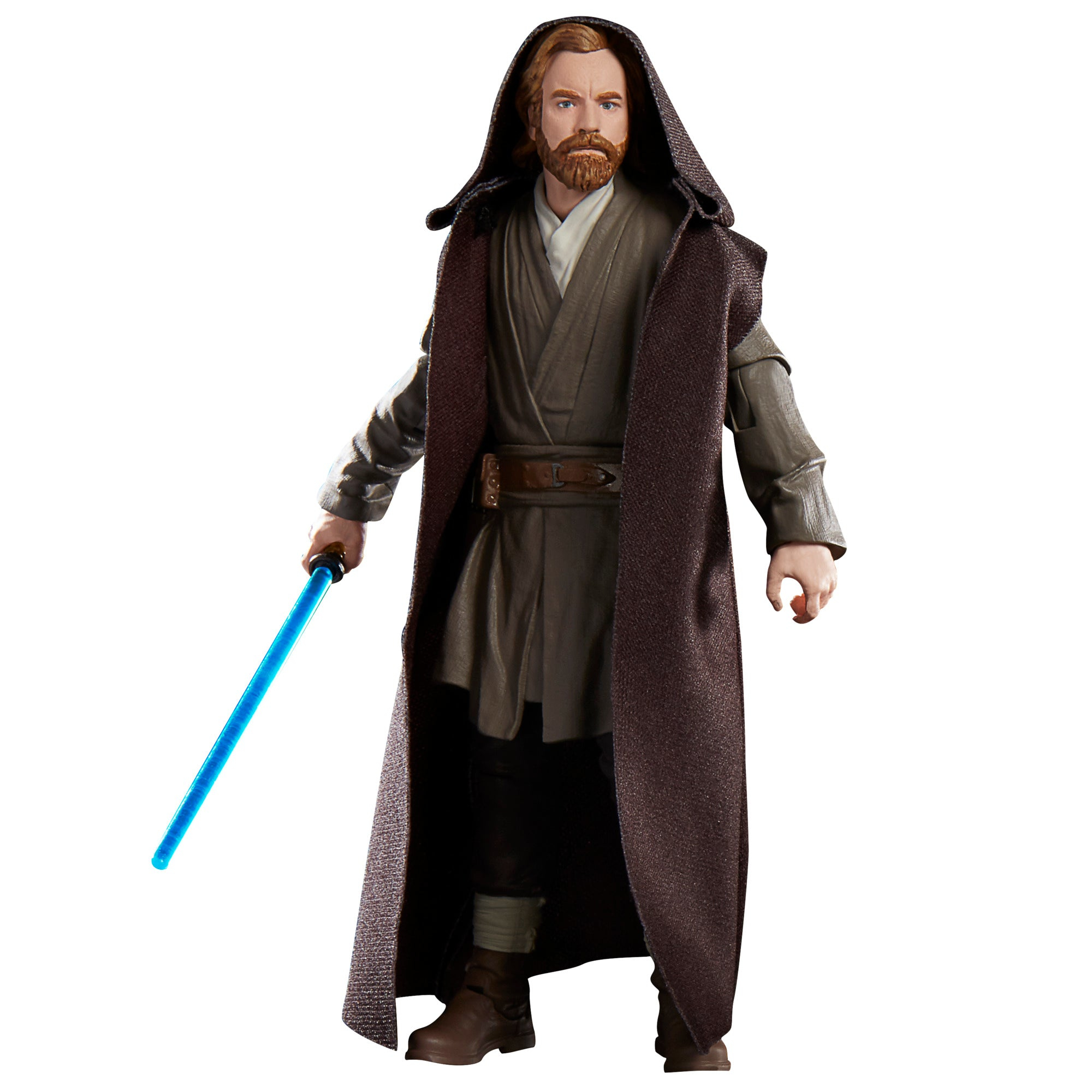 Figura di un uomo in abiti marroni, con una spada laser blu. Ha la barba e indossa un cappuccio. Sfondo bianco.
