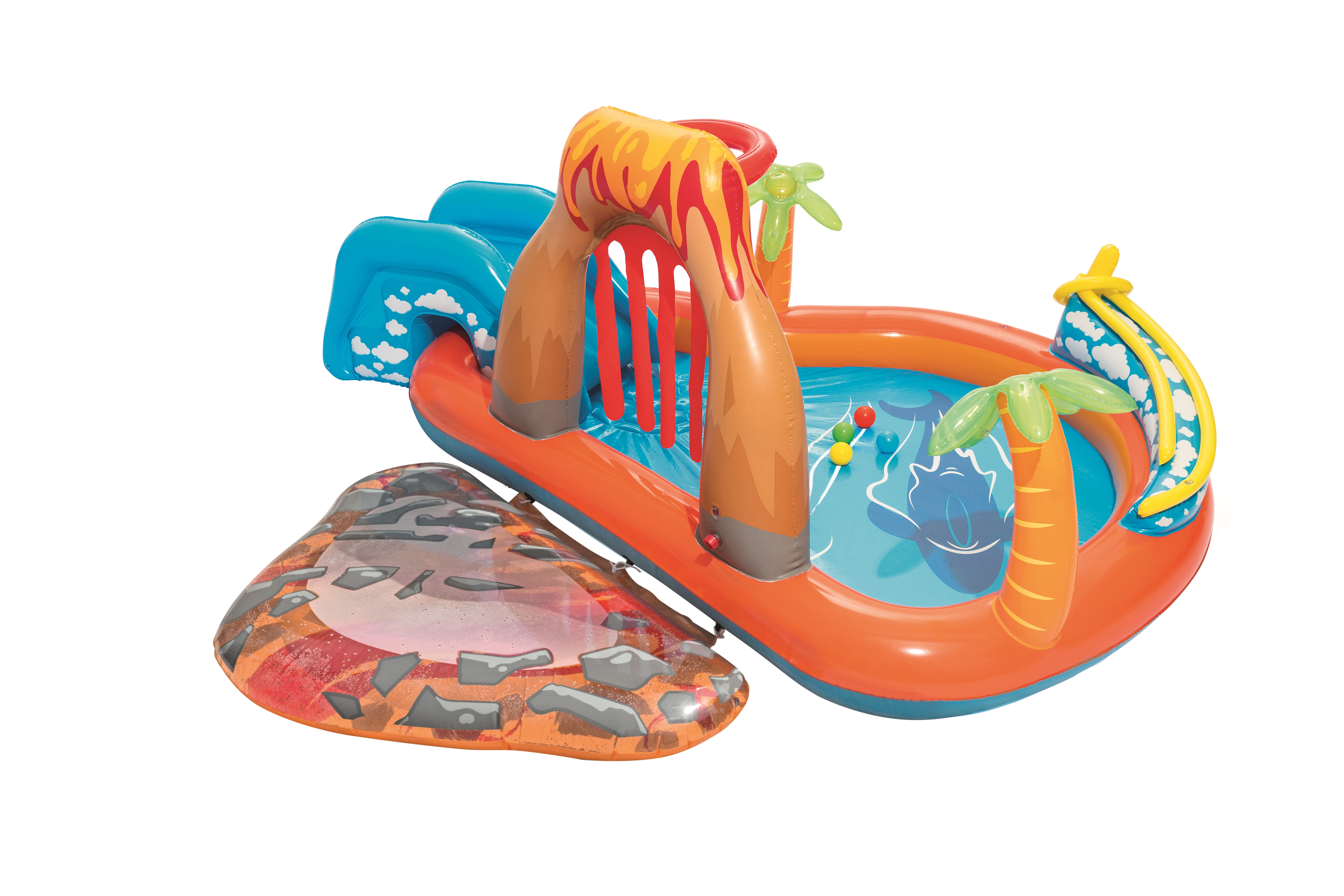 Nadmuchiwany basen wulkan z zjeżdżalnią, palmami i zjeżdżalnią w kształcie lawy. Na białym tle.