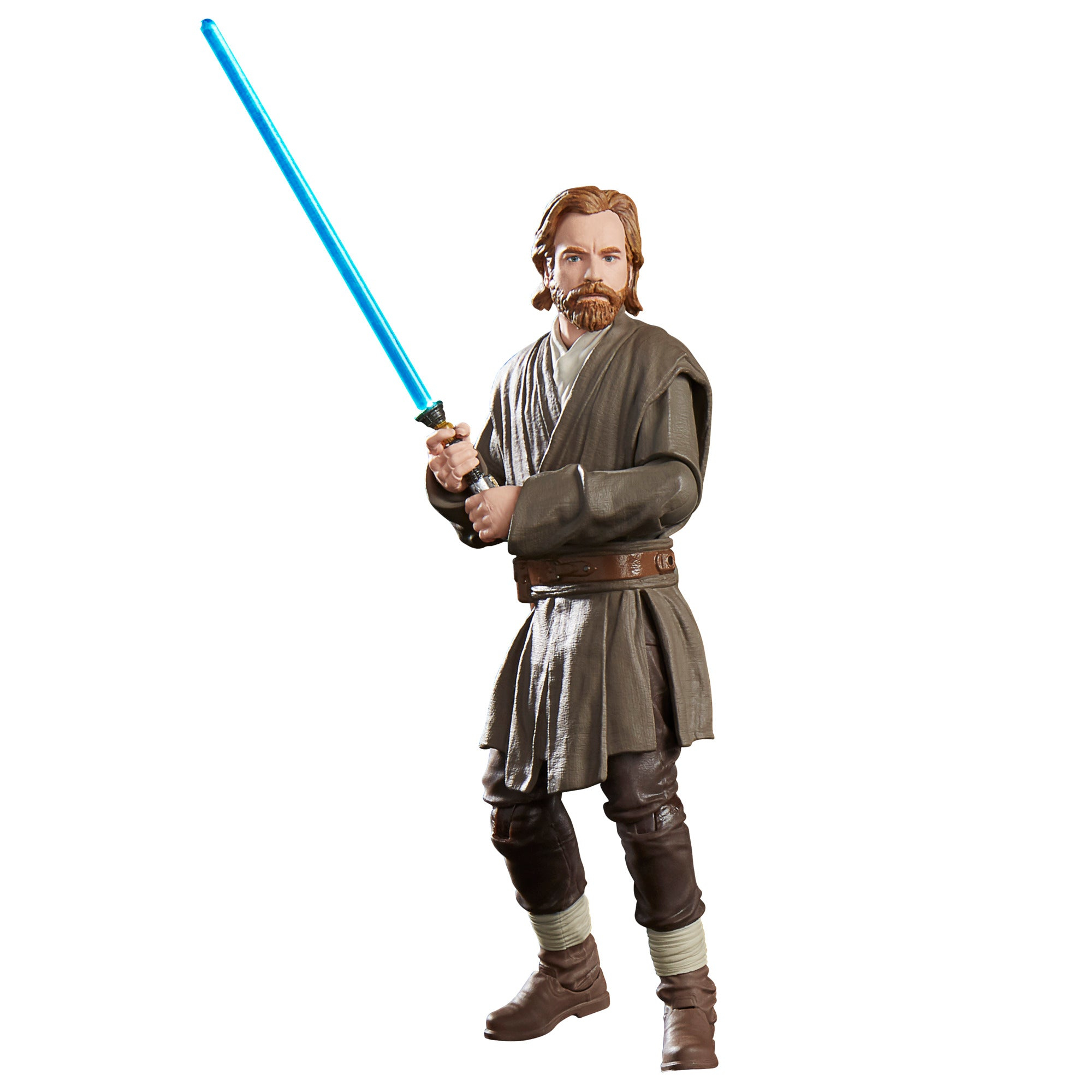 Figura di Obi-Wan Kenobi con spada laser blu. Indossa abiti e stivali marroni, su sfondo bianco.