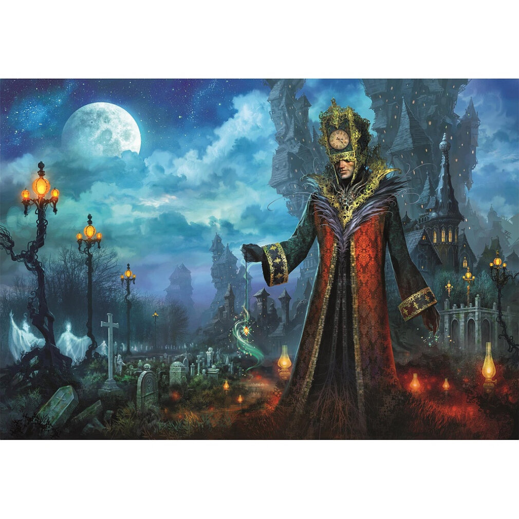 Een figuur in een lange jas staat op een begraafplaats onder een volle maan. Donkere gebouwen en griezelige lichten vullen de achtergrond.