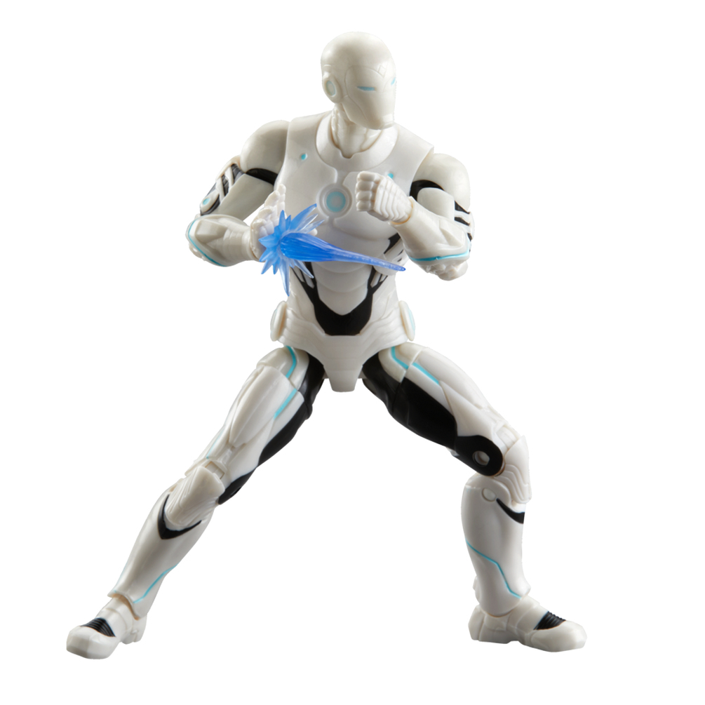 Figura de acción de Iron Man blanco con explosión de energía azul. Acentos negros en el traje. Figura en pose dinámica, lista para la acción.