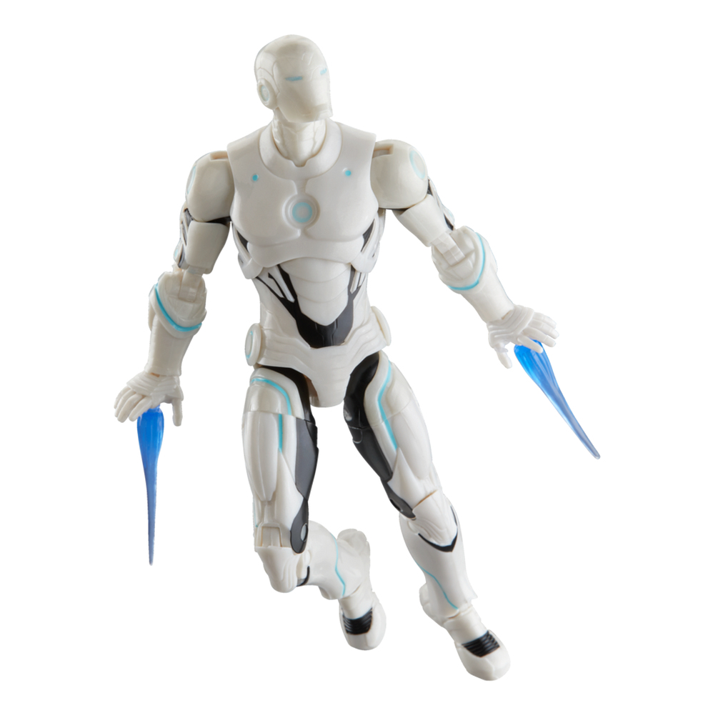Figura de acción blanca y negra de un superhéroe en pose de vuelo. Tiene efectos de energía azul en las manos y fondo blanco.