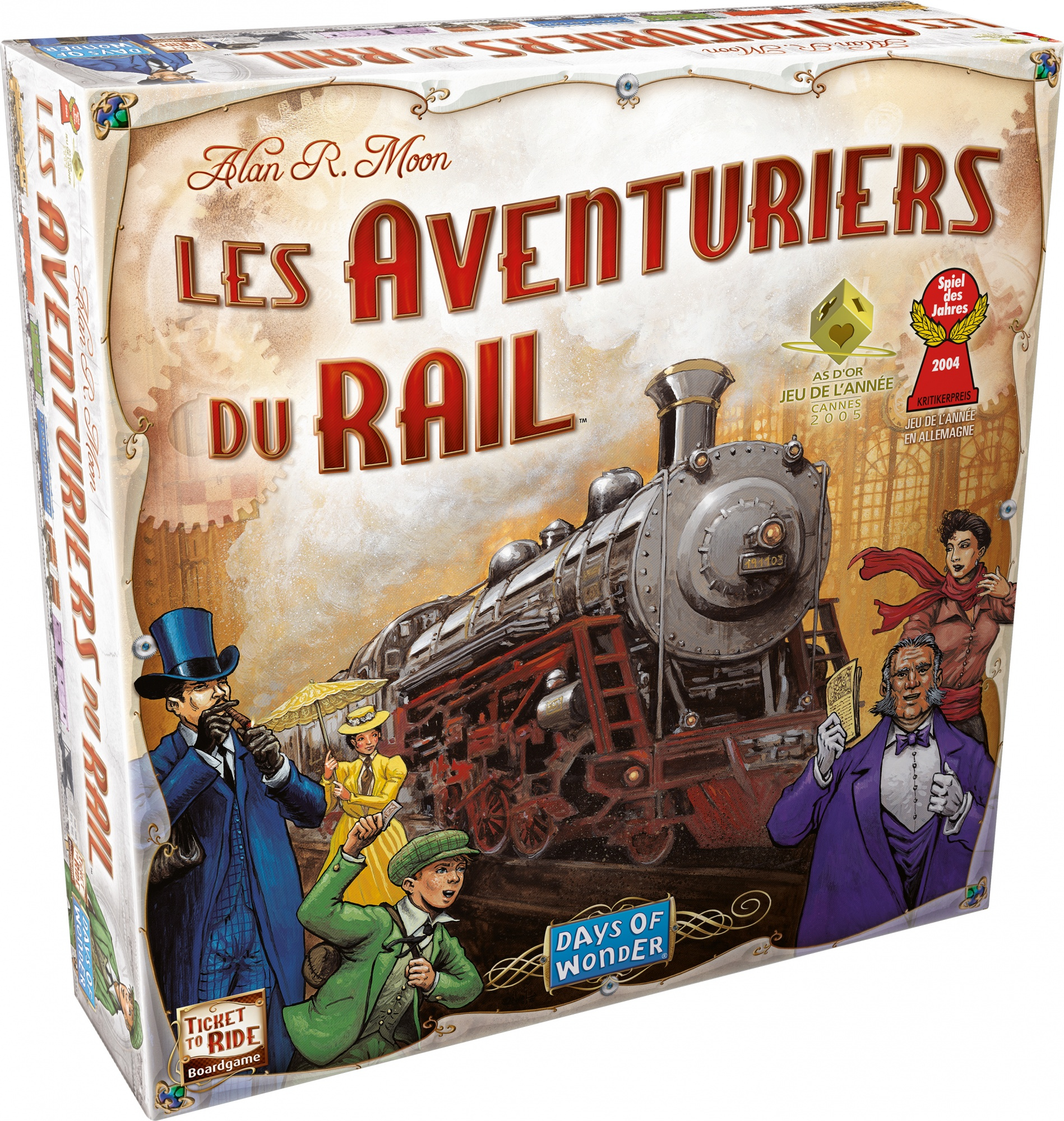 Illustration de boîte pour un jeu de société, 'Les Aventuriers du Rail'. Elle montre un train, des personnages en vêtements vintage et des détails du jeu.