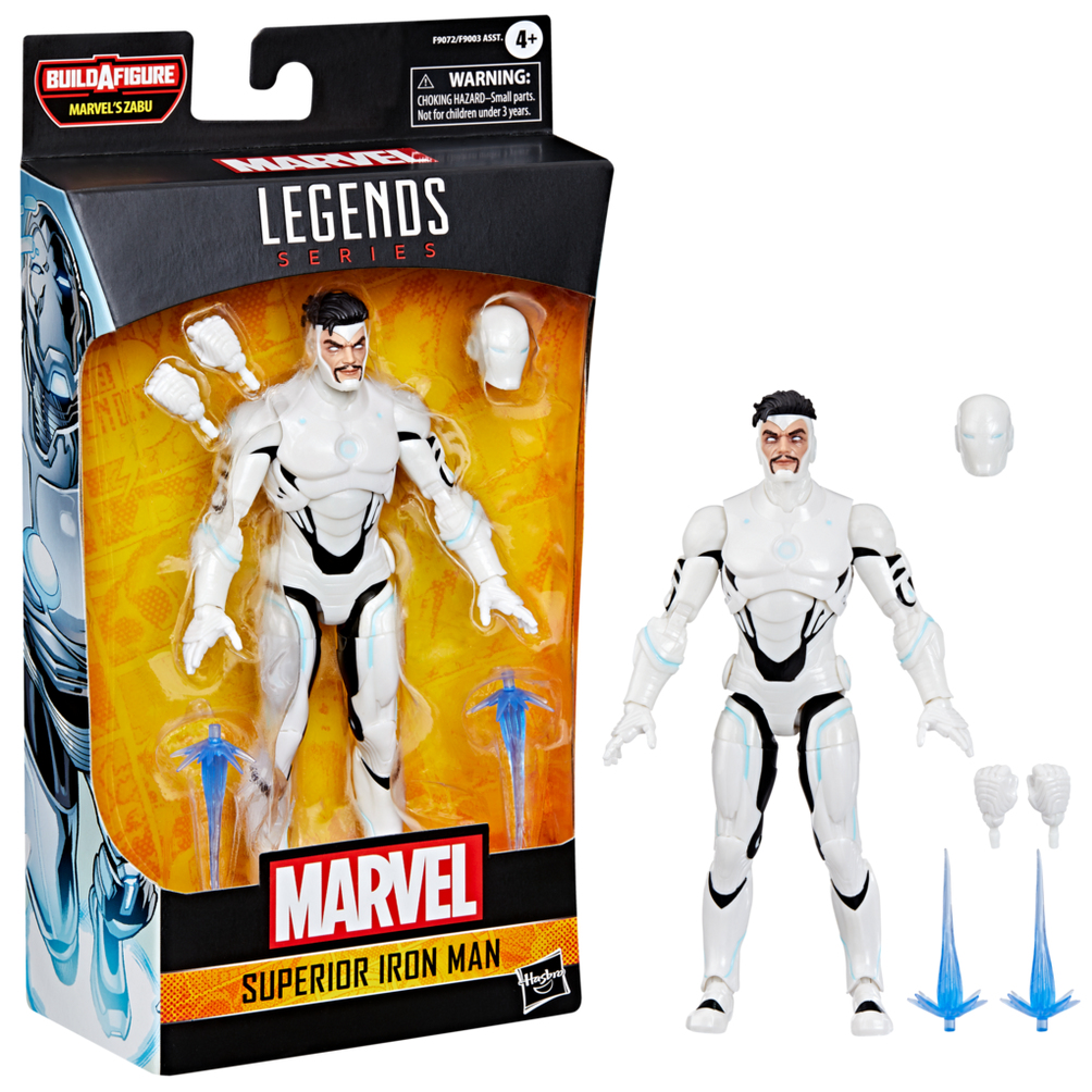 Figura de acción Marvel Legends Superior Iron Man en traje blanco con accesorios.