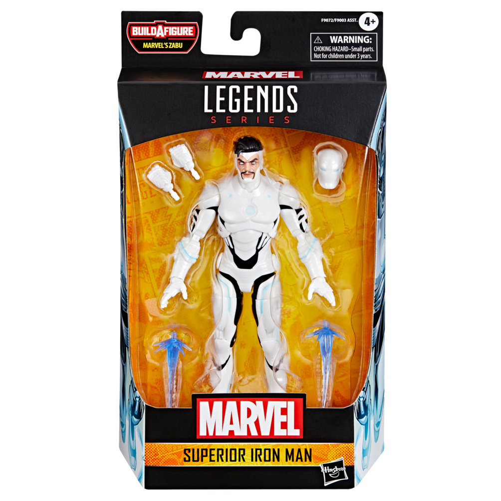 Una figura de acción de Superior Iron Man en una caja. Es blanca y negra, con detalles azules. La caja dice Marvel Legends Series.