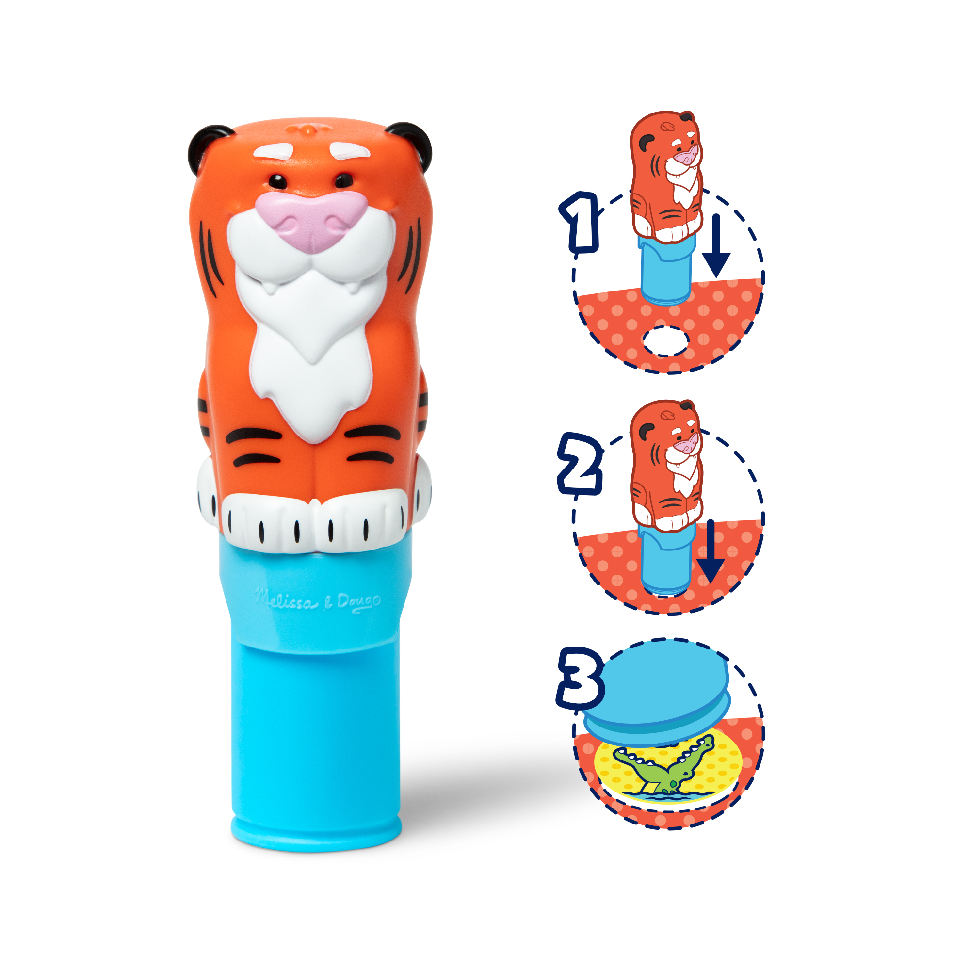 Ein orangefarbenes Tiger-Spielzeug mit blauem Sockel. Anweisungen zeigen den Tiger in einer Krokodilszene.