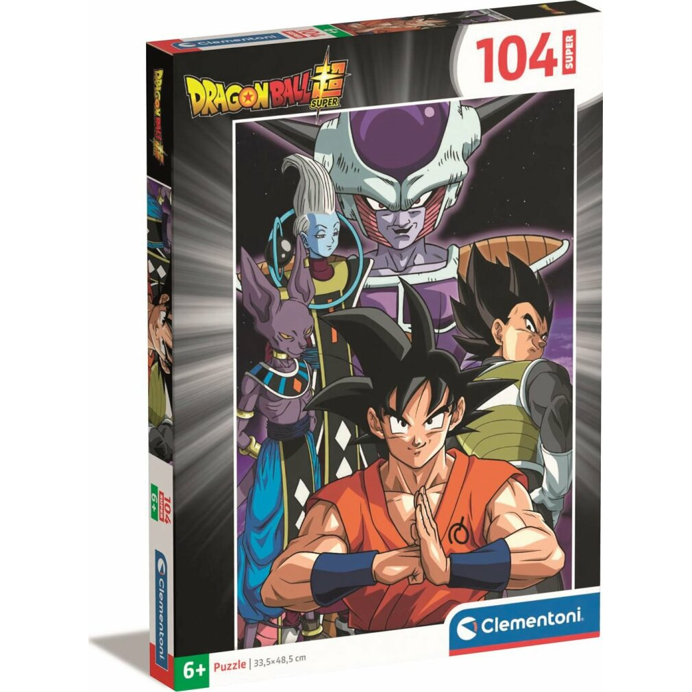 Puzzleschachtel mit Dragon Ball Super-Charakteren. Goku im Vordergrund, andere im Hintergrund. Frieza, Vegeta und andere sind sichtbar.