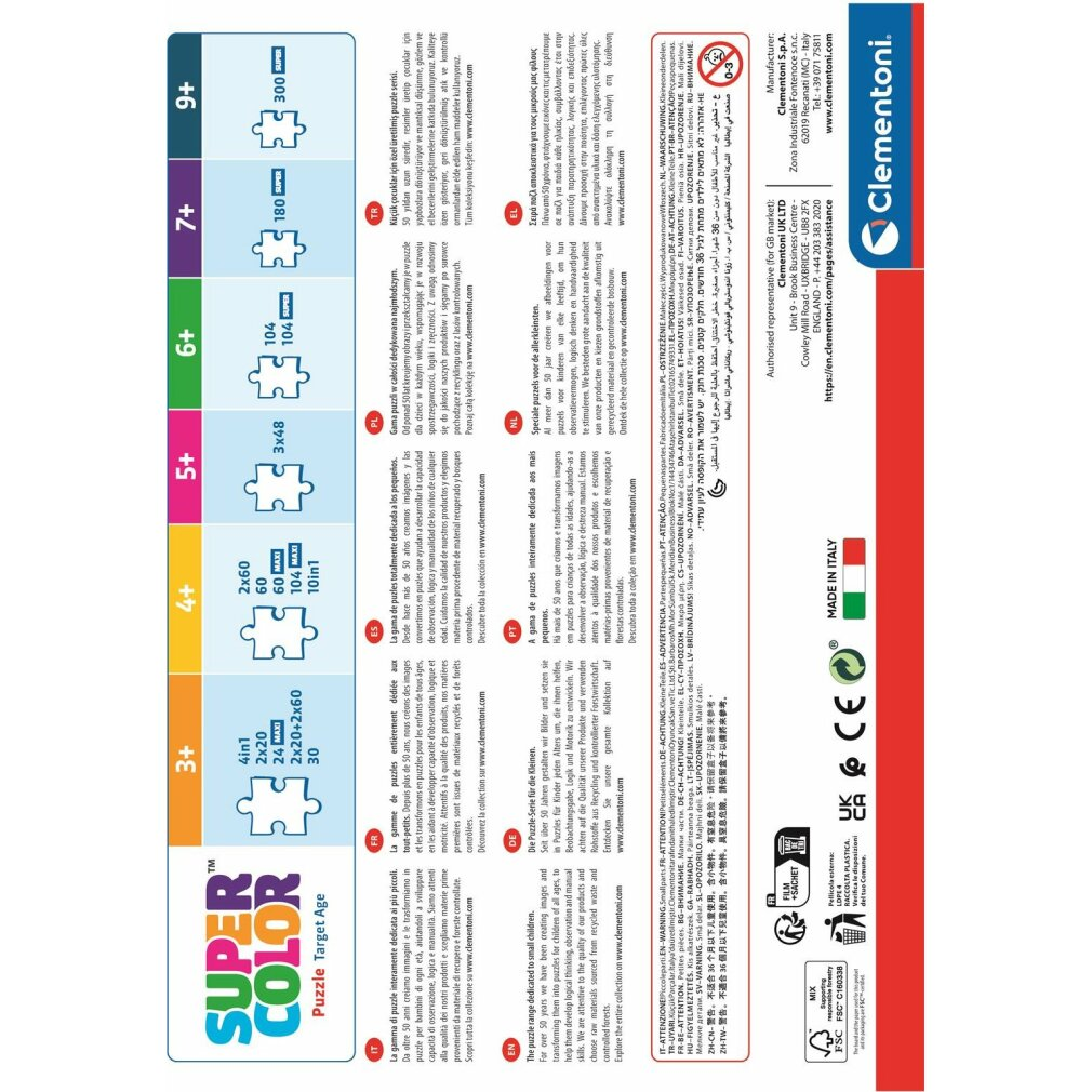 Puzzledose mit farbenfrohem Text und Puzzlemotiven. Enthält Altersangaben und Puzzleteileanzahlen.