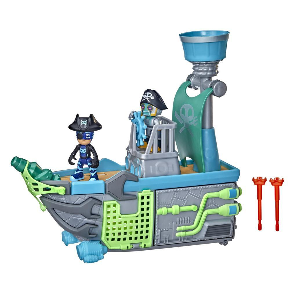 Nave pirata giocattolo con due personaggi pirata e una piccola bandiera. La nave è blu, verde e grigia.