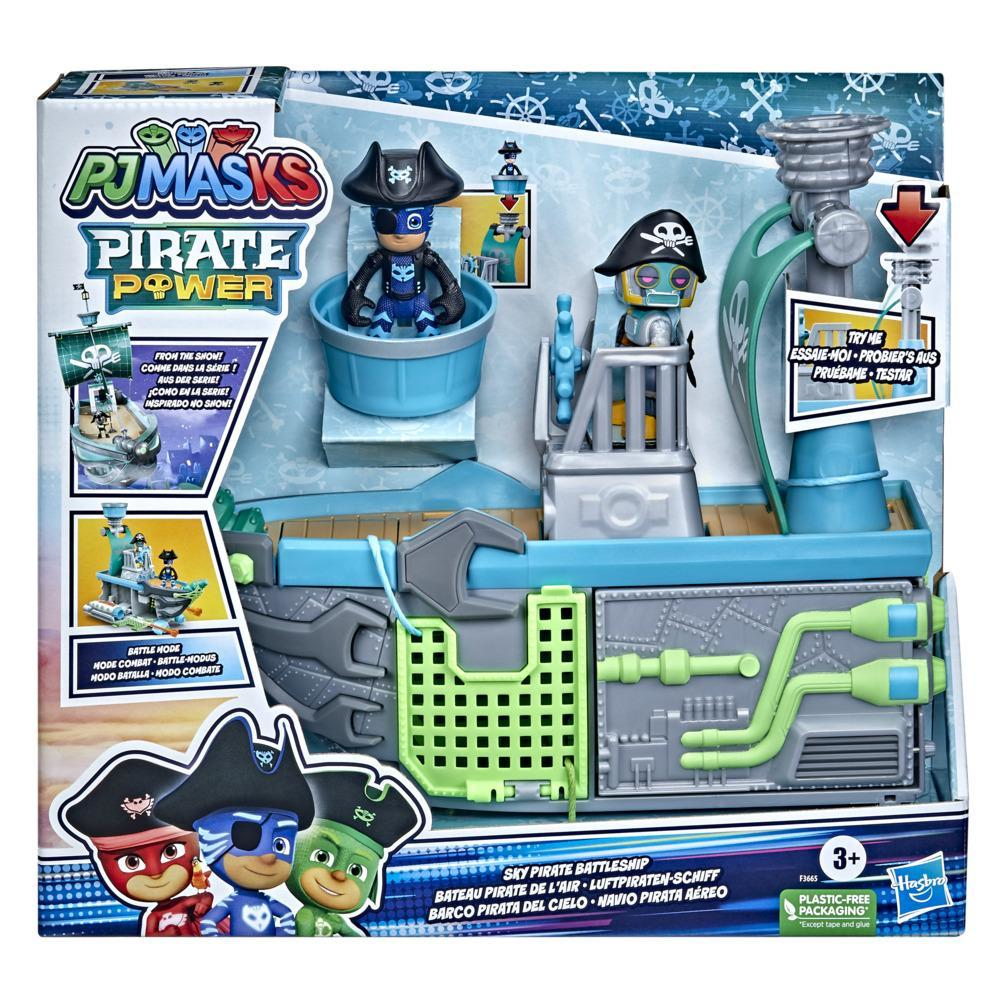 Set di giocattoli PJ Masks Pirate Power. Mostra una nave pirata con personaggi. La scatola ha testo in più lingue e un logo Hasbro.