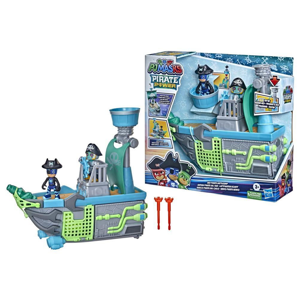 Un playset PJ Masks Pirate Power mostra una nave pirata giocattolo con personaggi. La scatola è sullo sfondo.