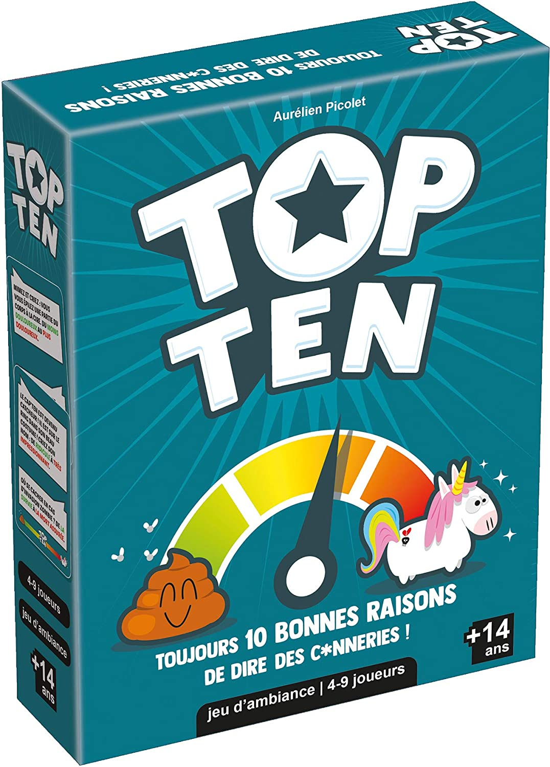 Die Spielbox zeigt 'Top Ten', ein farbenfrohes Messgerät mit einem Einhorn und einem Kackhaufen-Emoji. Der Text lautet '10 gute Gründe, Unsinn zu sagen!'