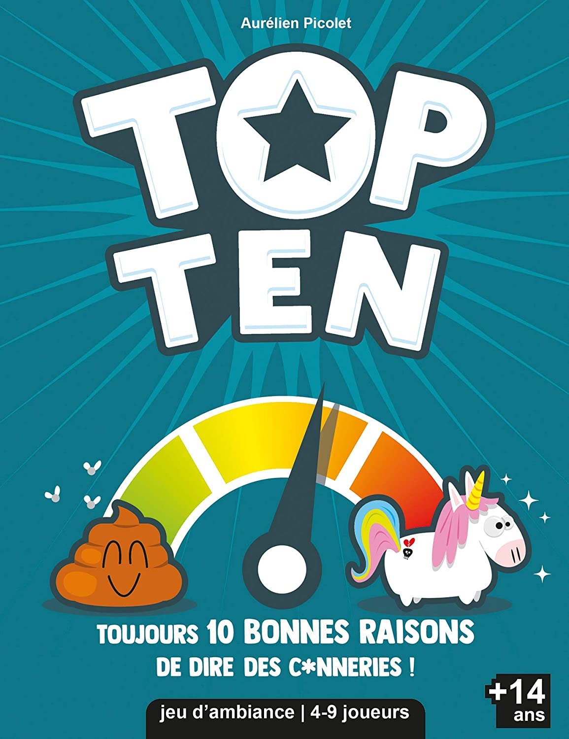 Spielcover. Titel: Top Ten. Zeigt eine Anzeige, Kacke und ein Einhorn. Text: Immer 10 gute Gründe, Mist zu sagen! +14.