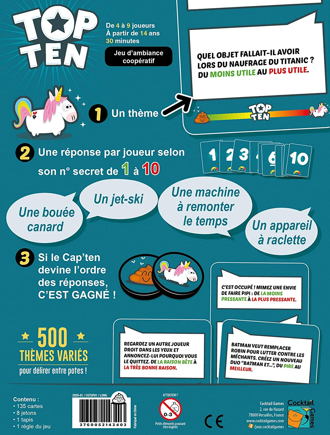 Top Ten Brettspiel mit Einhorn, Karten und französischem Text. Beschreibt Spielregeln und Themen.