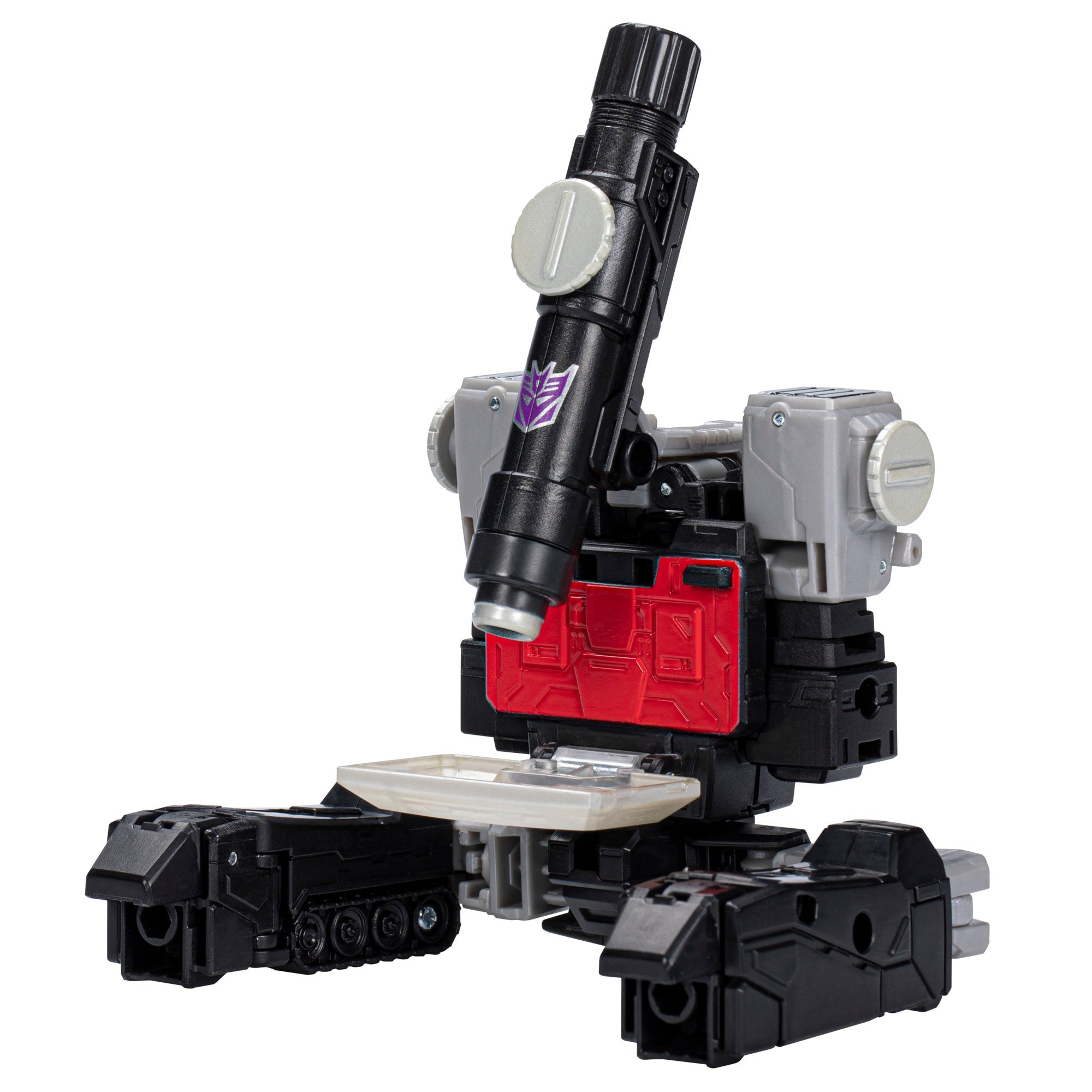 Zabawkowy robot w kształcie mikroskopu. Jest czarny, szary i czerwony. Ma fioletowe logo Decepticon.