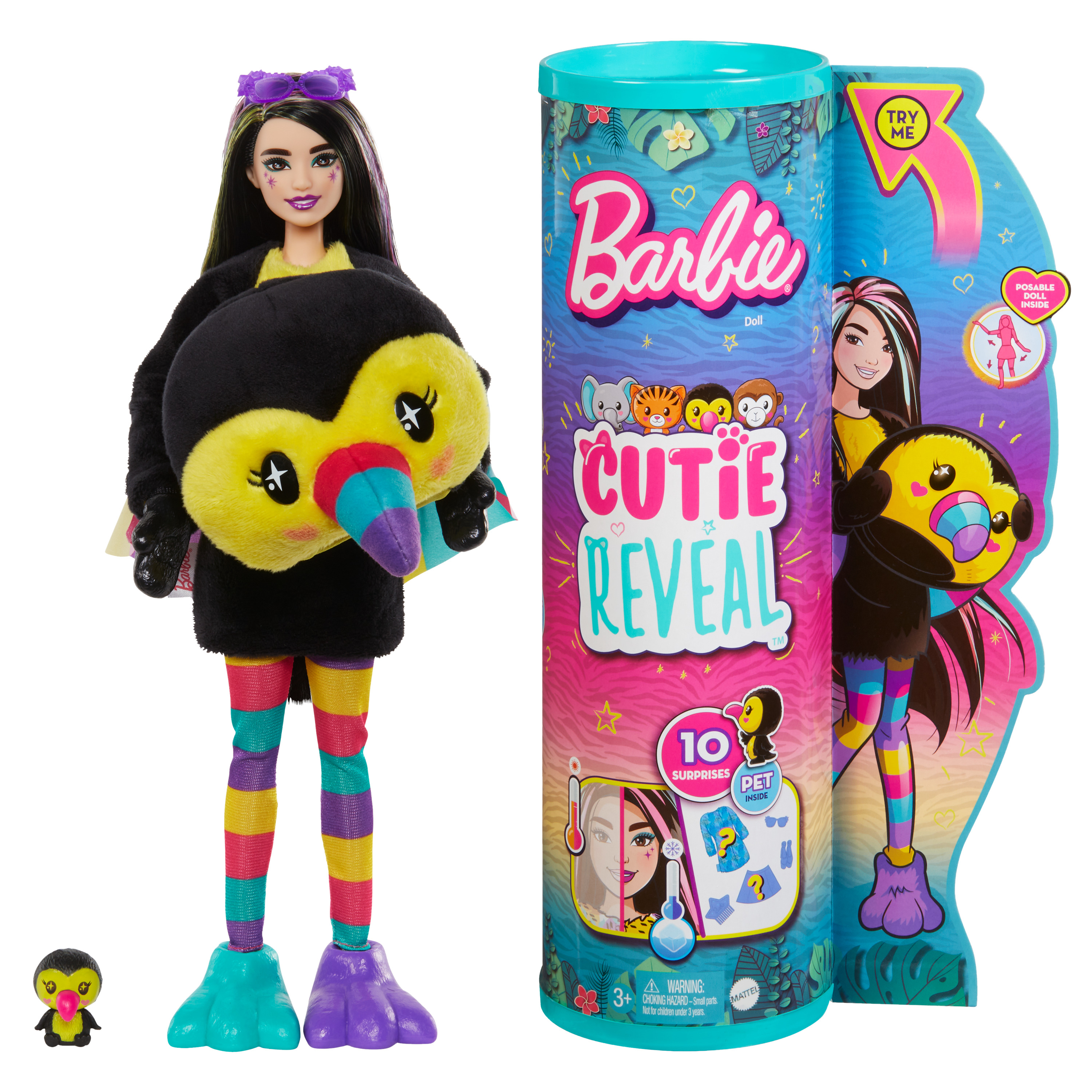 Barbie-Puppe in einem Tukan-Kostüm, mit einer Reveal-Tube. Enthält ein Haustierspielzeug und bunt gestreifte Leggings.