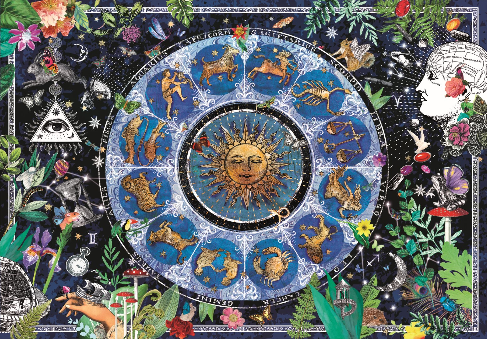 Ein Tierkreisrad mit Sonne im Zentrum, umgeben von astrologischen Symbolen, Blumen, Schmetterlingen und einem menschlichen Kopf.