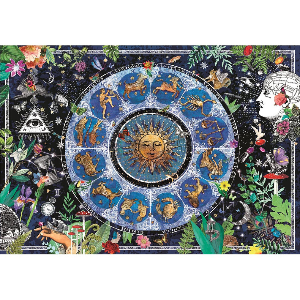 Tierkreisrad mit Sonne, Tierkreiszeichen und floralen Elementen. Enthält ein Profil, Auge, Uhr, Hand, Pilze und Schmetterlinge.