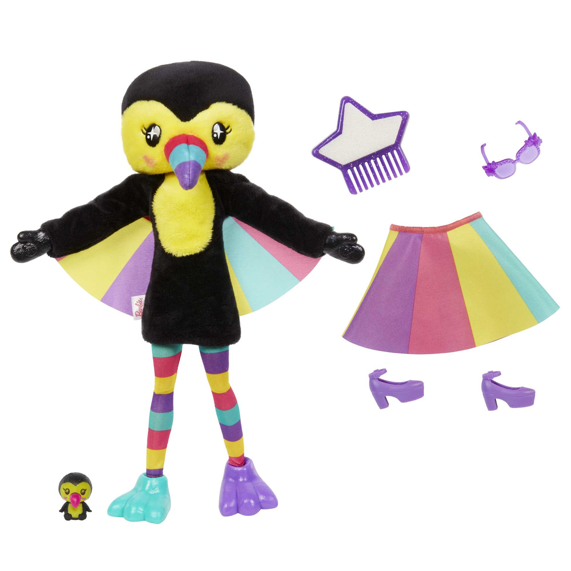 Eine Plüschpinguin-Puppe mit Zubehör. Enthält Rock, Schuhe, Kamm und Brille. Der Pinguin hat bunte Flügel und Beine.