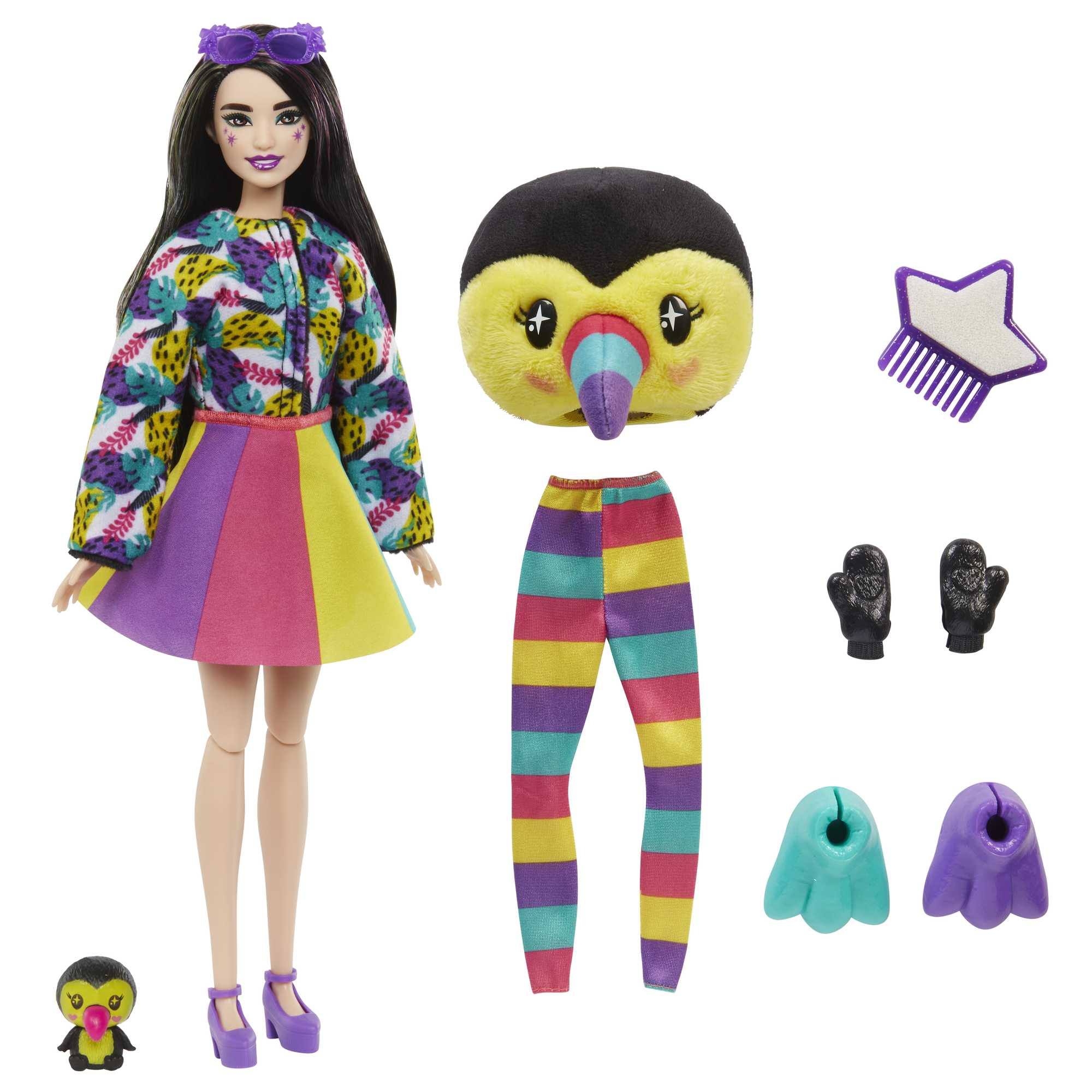Eine Puppe mit Modeaccessoires. Die Puppe trägt ein farbenfrohes Outfit und eine Sonnenbrille. Zubehör sind eine Vogelmaske, Handschuhe und Leggings.