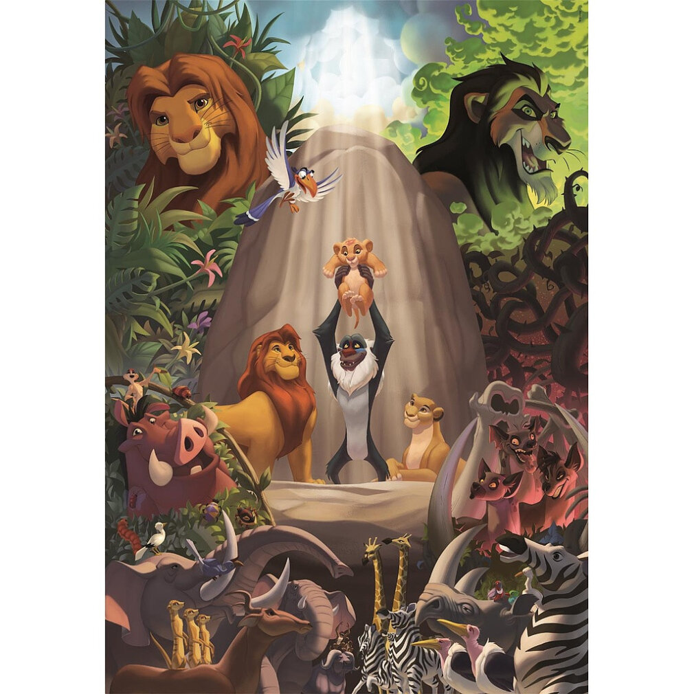 Escena de El Rey León: Simba es alzado, rodeado de animales como leones, cebras y jirafas. Scar y Rafiki también están presentes.