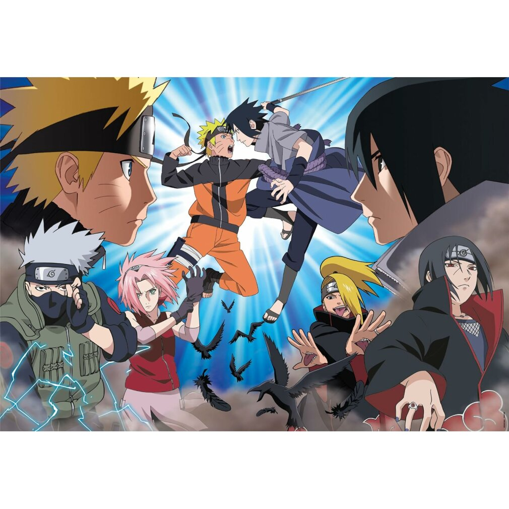 Anime-Szene mit mehreren Charakteren. Naruto und Sasuke kämpfen. Andere stehen herum. Schwarze Vögel fliegen im Vordergrund.