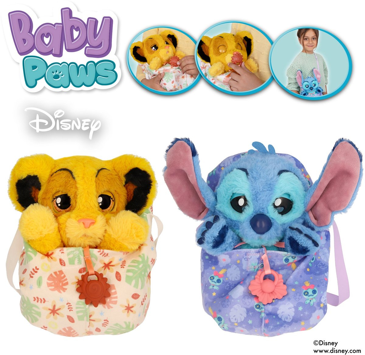 Das Bild zeigt Simba- und Stitch-Plüschtiere in Taschen. Simba ist gelb und Stitch ist blau. Das Bild hat ein Disney-Logo.