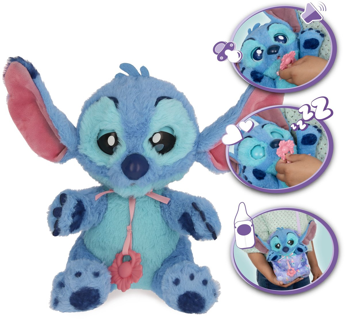 Ein blaues Stitch-Plüschtier mit großen Ohren und einer rosa Blume. Zusätzliche Bilder zeigen Stitch mit Geräuschen und Lichtern und in einer Tragetasche.