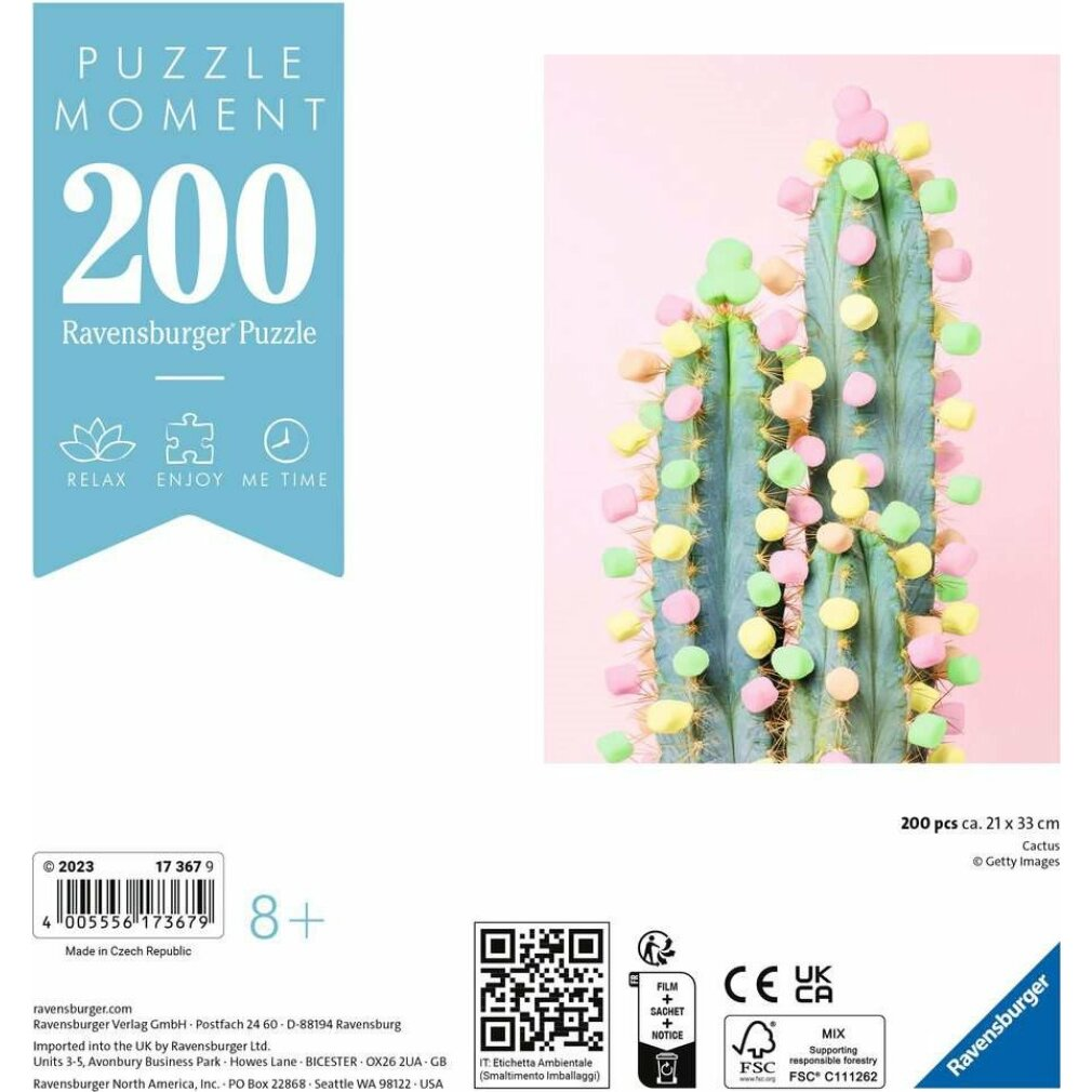 Ein Kaktus mit bunten Marshmallows dekoriert, vor rosa Hintergrund. Puzzledose links.