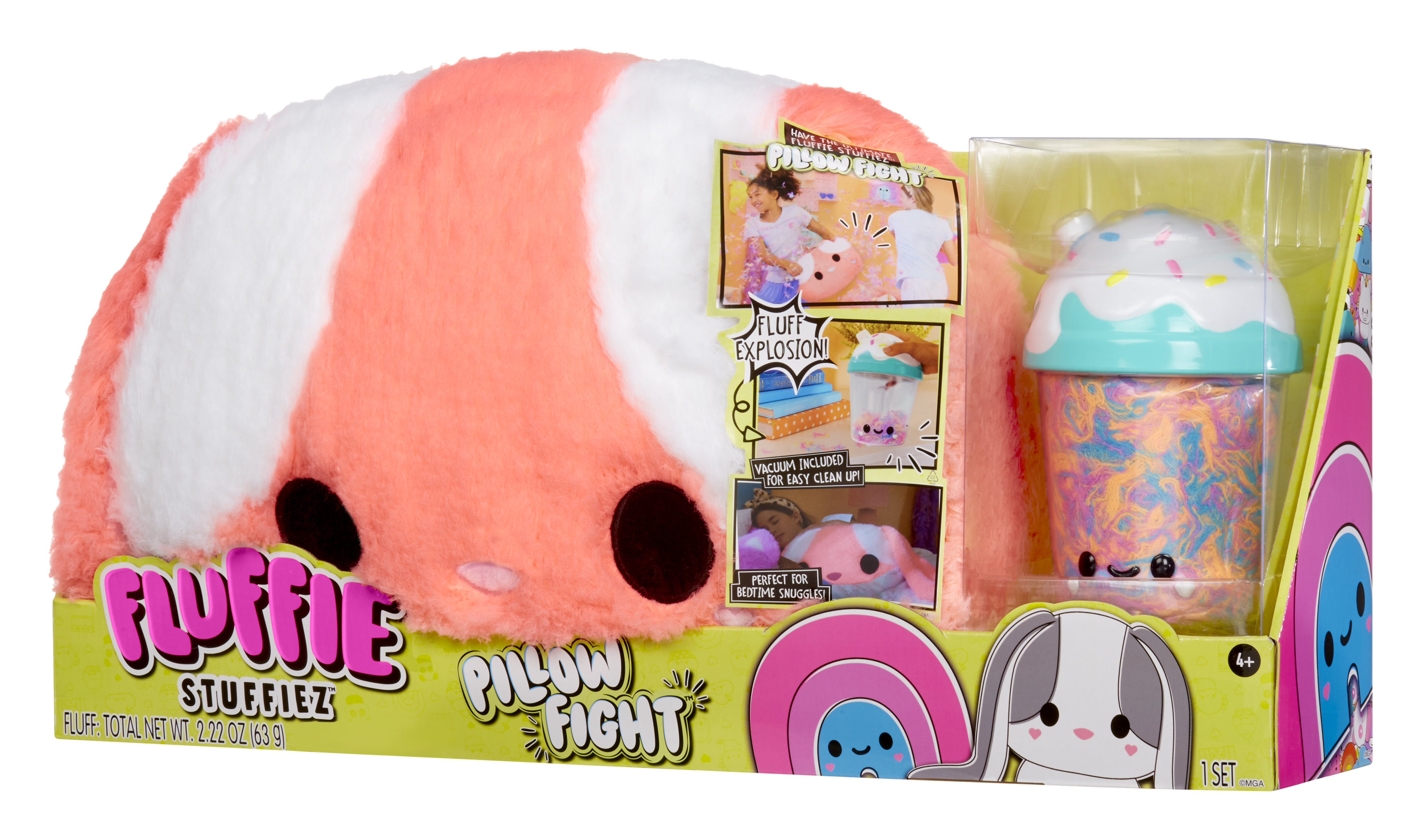 Un cuscino Fluffie Stuffiez e un giocattolo in una scatola sono mostrati. Il cuscino è rosa e bianco. Il giocattolo ha la forma di un gelato.