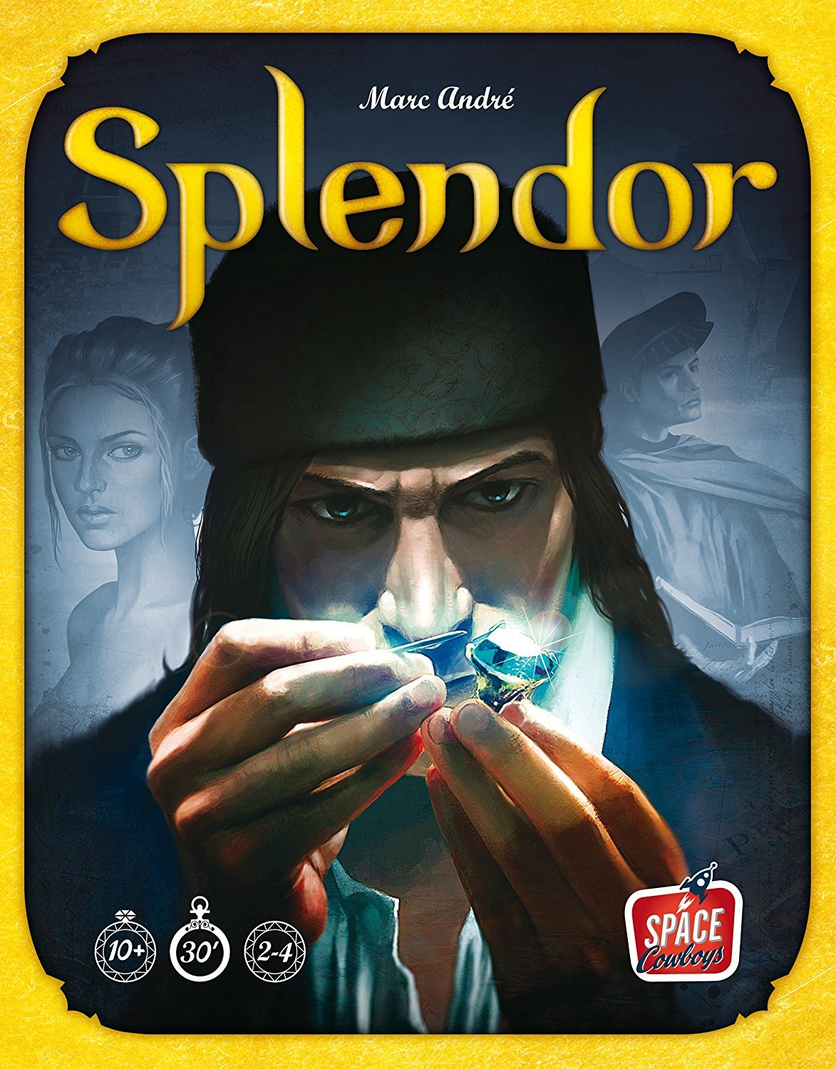 La copertina del gioco da tavolo Splendor mostra un uomo che esamina un anello con gioielli. Il titolo è in alto. Il logo di Space Cowboys è in basso.