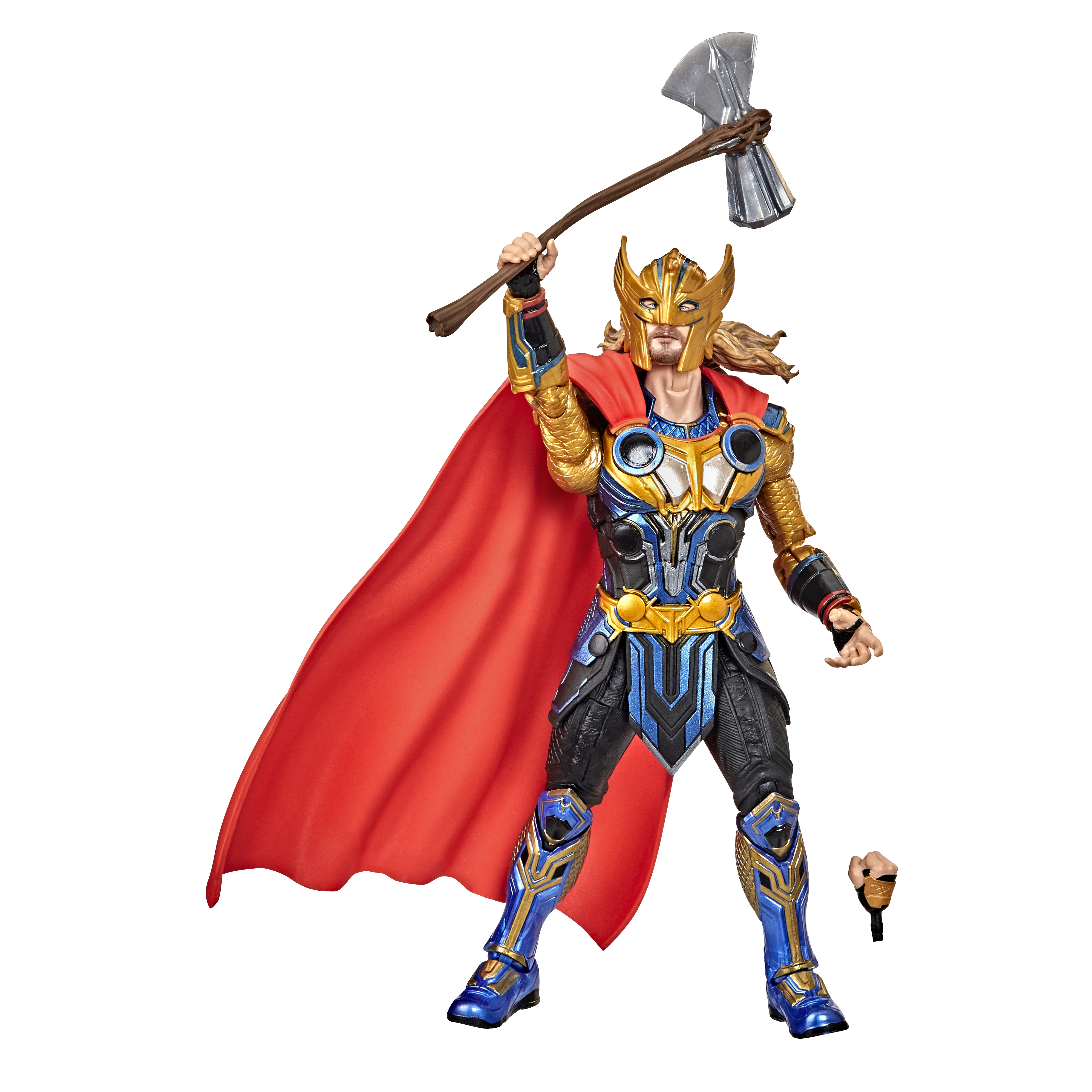 Una statuetta di Thor in un abito oro e blu, che tiene un'ascia. Ha un mantello rosso e una mano extra.