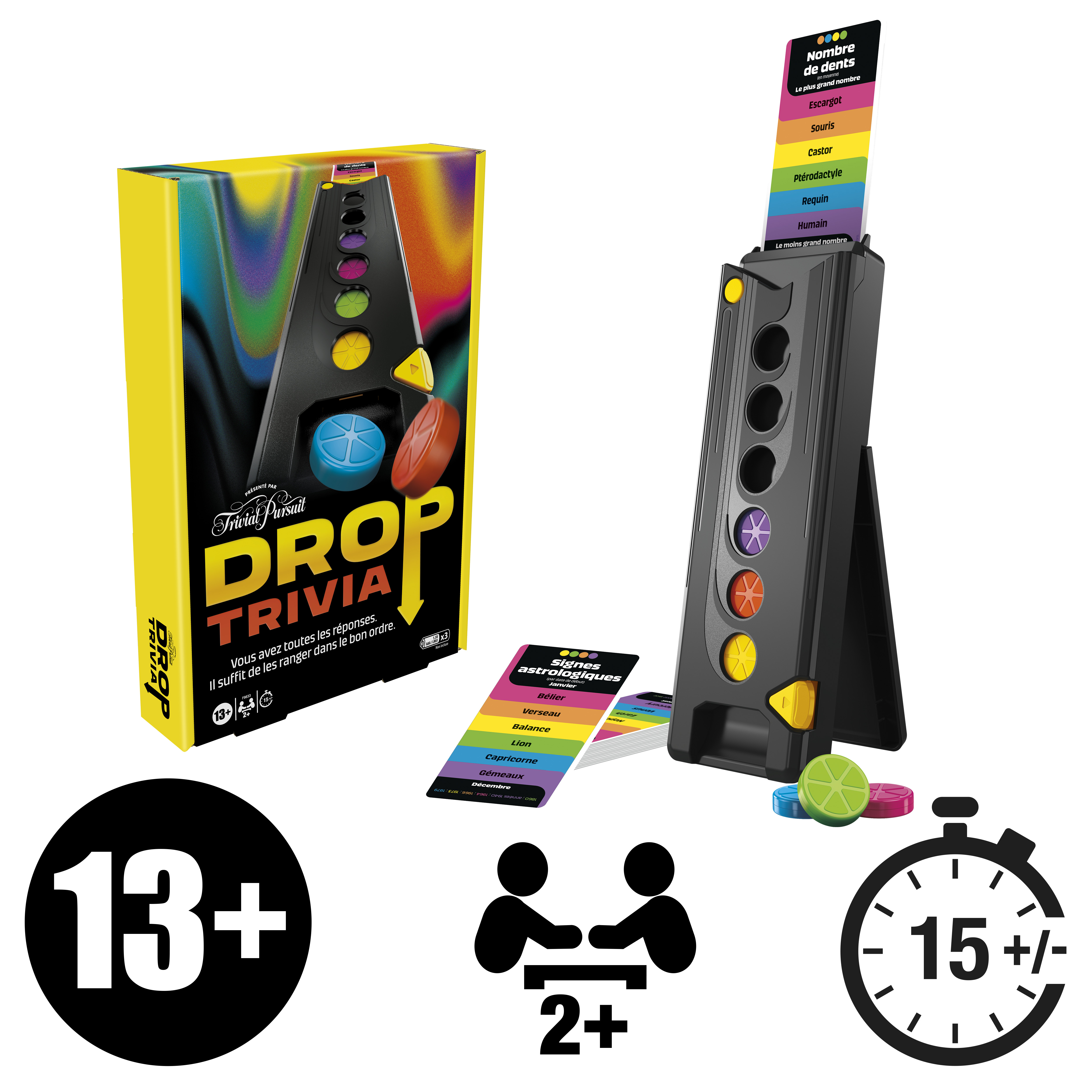 Ein Drop Trivia-Spiel, Spielsteine und ein Ständer befinden sich auf einer weißen Oberfläche mit Spieldetails.