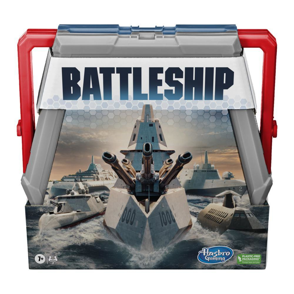 Caja del juego Batalla Naval. La imagen muestra un buque de guerra naval con otros barcos al fondo. Asa roja en la parte superior.