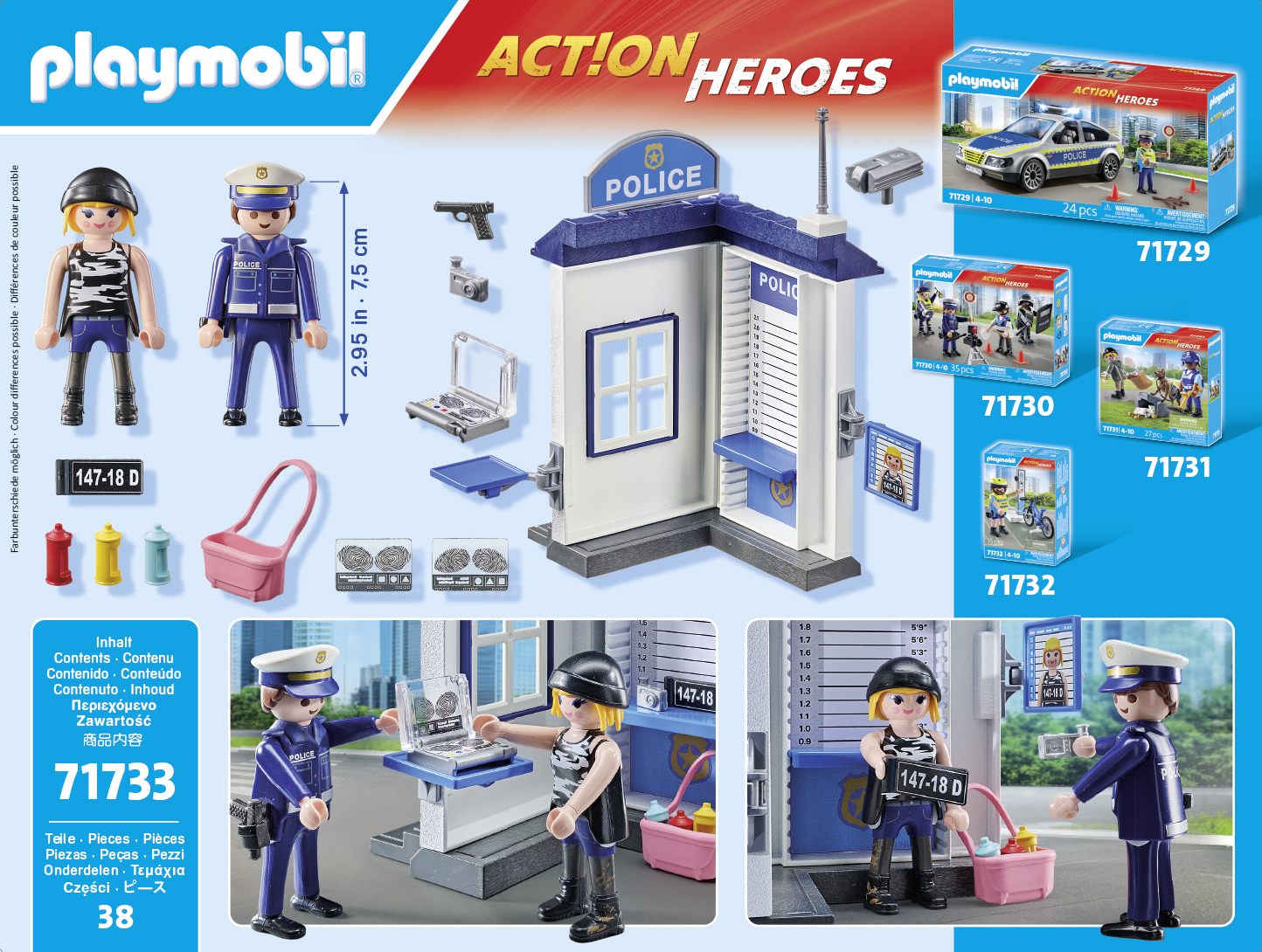 Zestaw posterunku policji Playmobil z figurkami, akcesoriami i pudełkami. Obecni są dwaj policjanci i więzień.