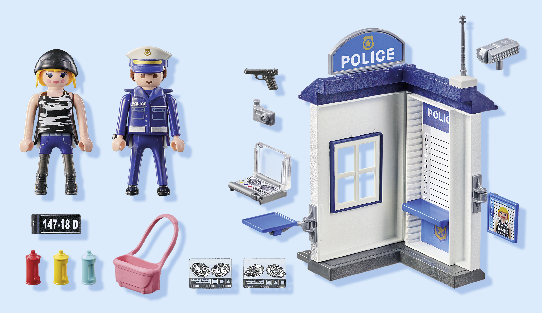Zabawkowa komenda policji z figurkami, bronią i akcesoriami. Zawiera policjantów, przestępcę, komendę i znaczniki dowodów.