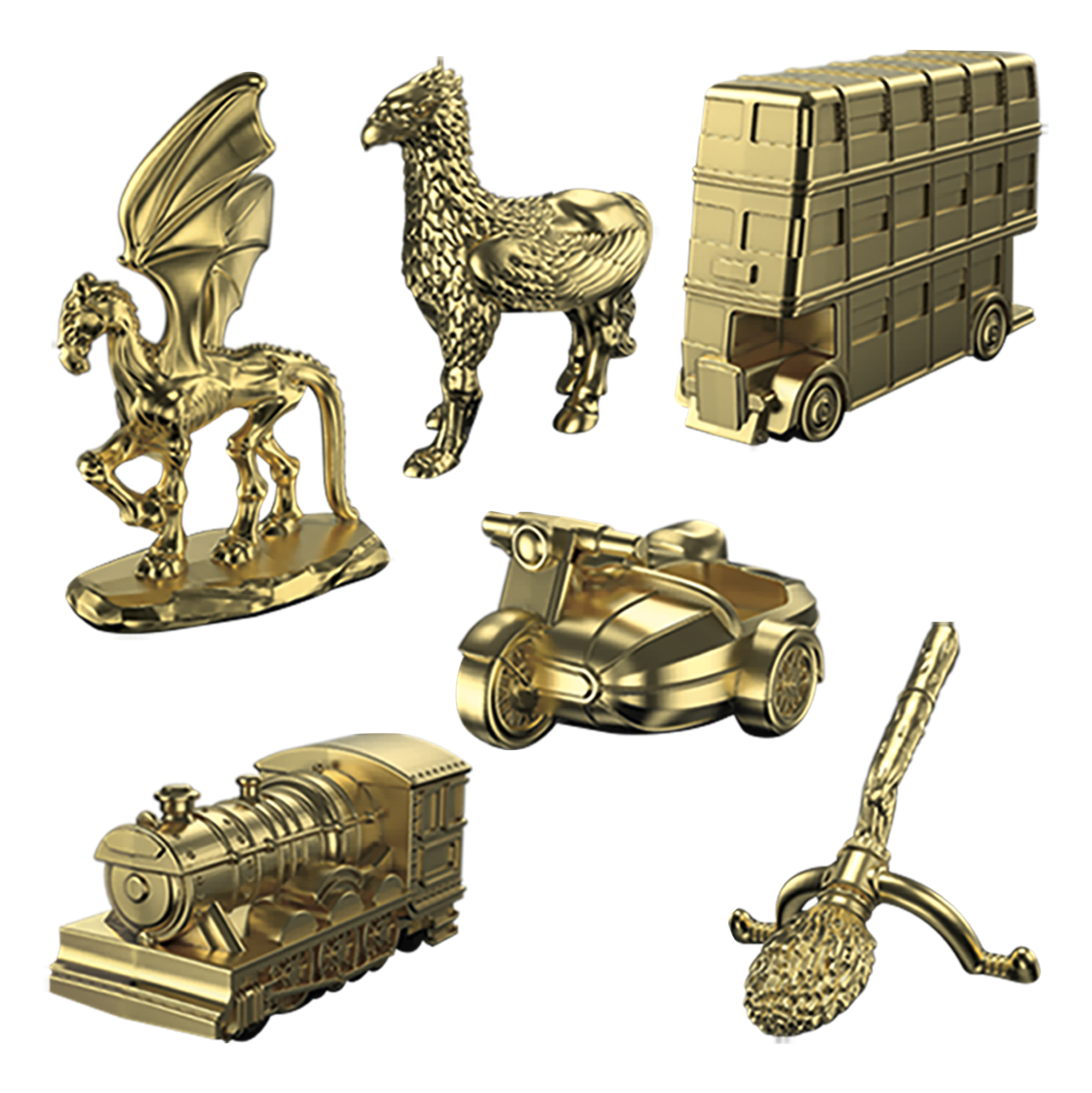 Złote figurki: skrzydlaty koń, gryf, piętrowy autobus, motocykl, pociąg i miotła. Wszystko na białym tle.